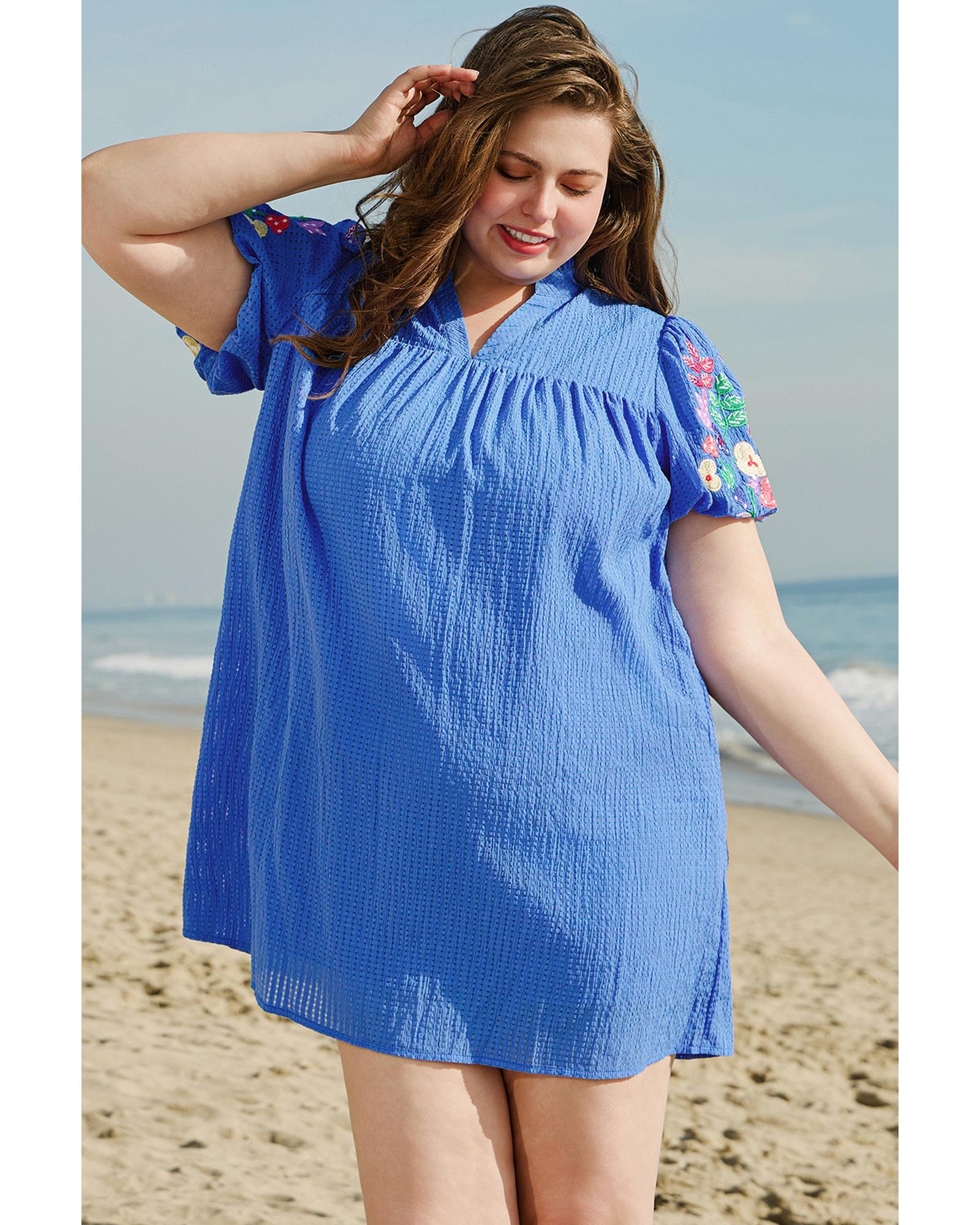 Sky Blue Plus Size Floral Embroidered Puff Sleeve Gingham Mini Dress - 2X