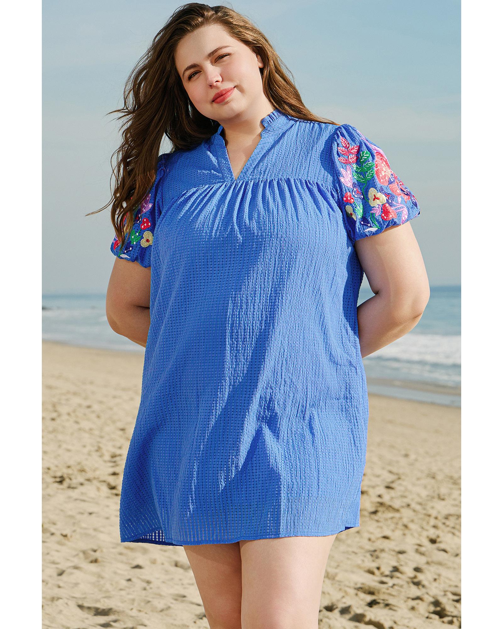 Sky Blue Plus Size Floral Embroidered Puff Sleeve Gingham Mini Dress - 2X