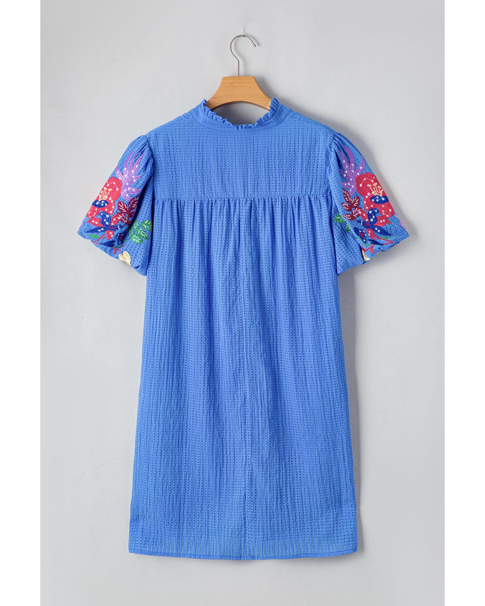 Sky Blue Plus Size Floral Embroidered Puff Sleeve Gingham Mini Dress - 2X