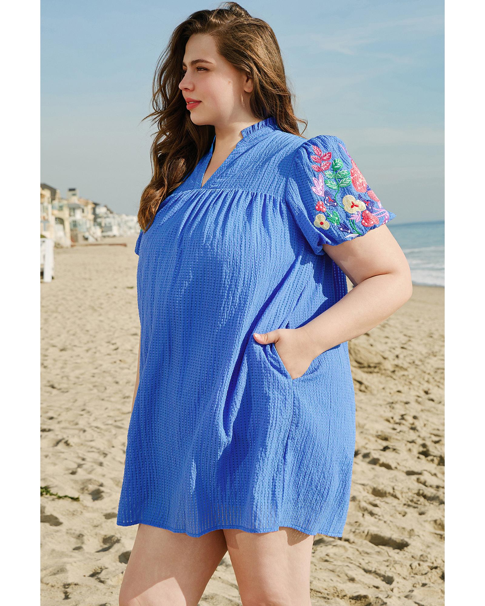 Sky Blue Plus Size Floral Embroidered Puff Sleeve Gingham Mini Dress - 4X
