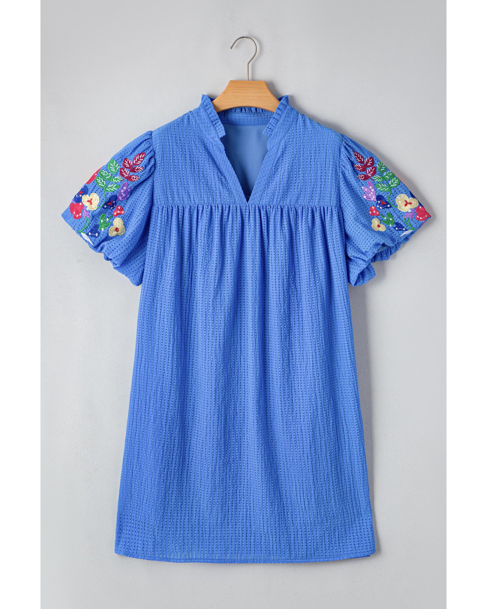 Sky Blue Plus Size Floral Embroidered Puff Sleeve Gingham Mini Dress - 4X