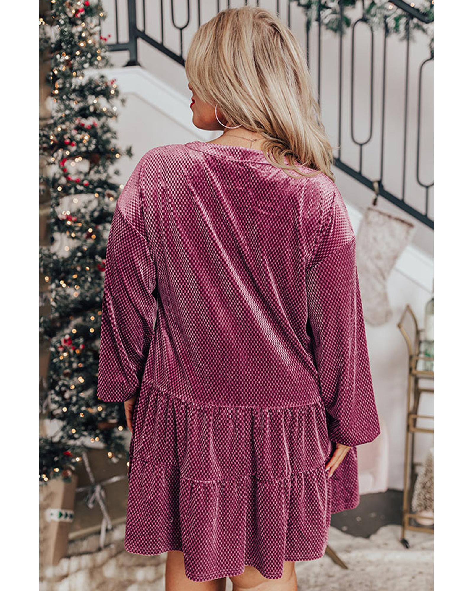 Meadow Mauve Plus Size Textured Velvet Tiered Buttons Tiered Dress - 1X