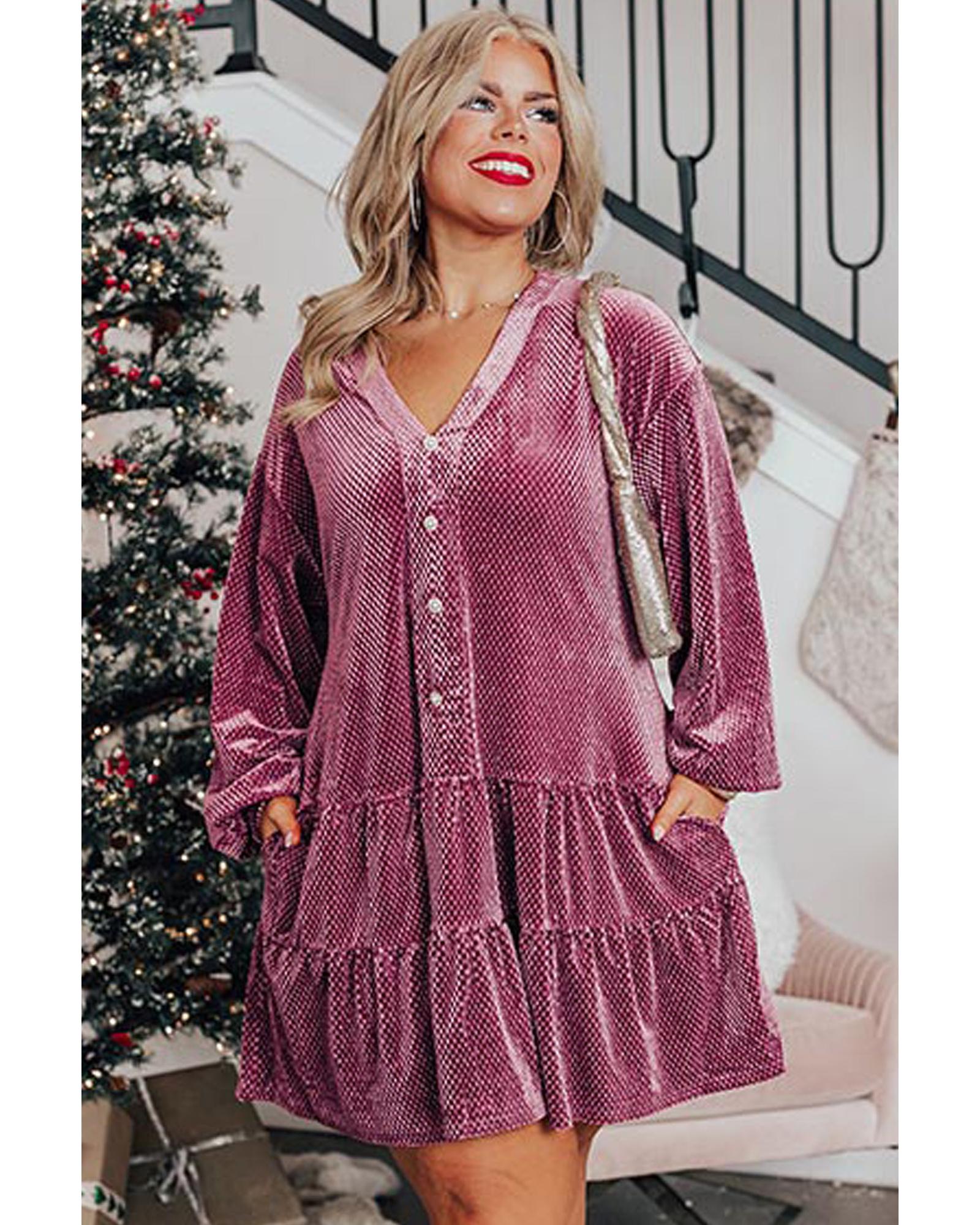 Meadow Mauve Plus Size Textured Velvet Tiered Buttons Tiered Dress - 1X