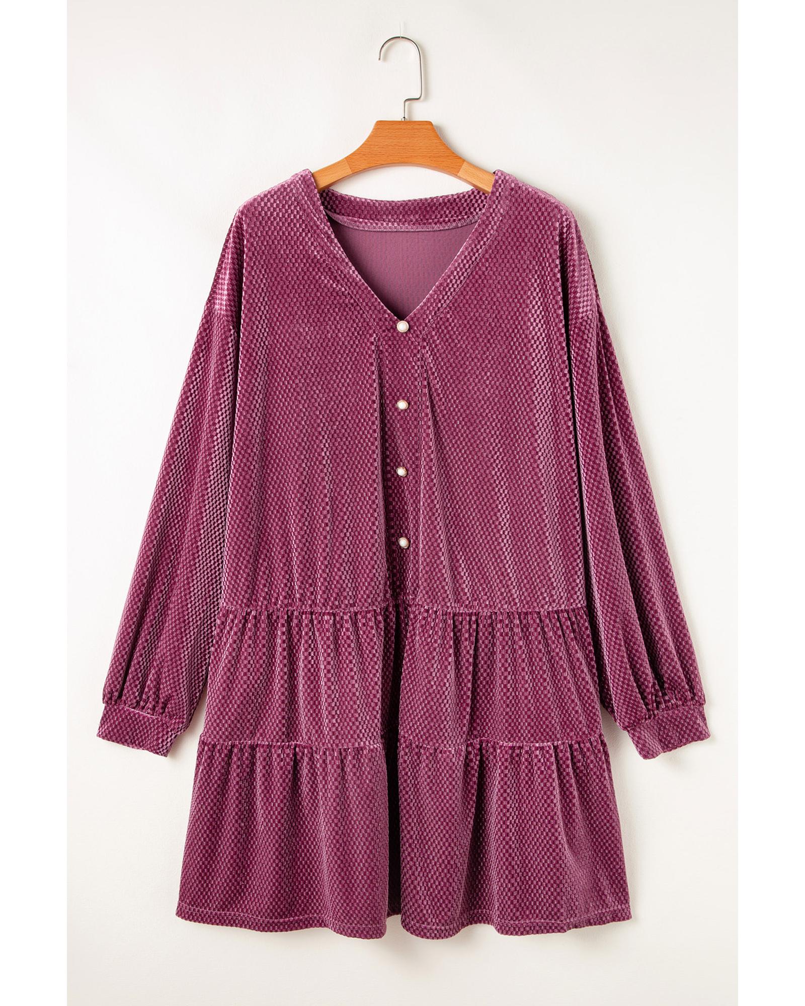 Meadow Mauve Plus Size Textured Velvet Tiered Buttons Tiered Dress - 4X
