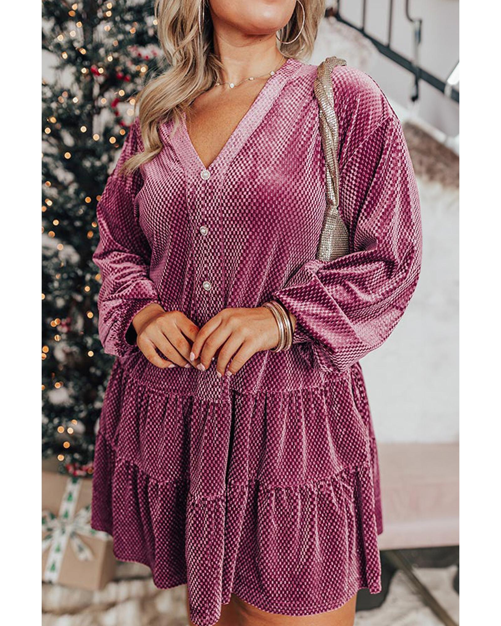 Meadow Mauve Plus Size Textured Velvet Tiered Buttons Tiered Dress - 4X