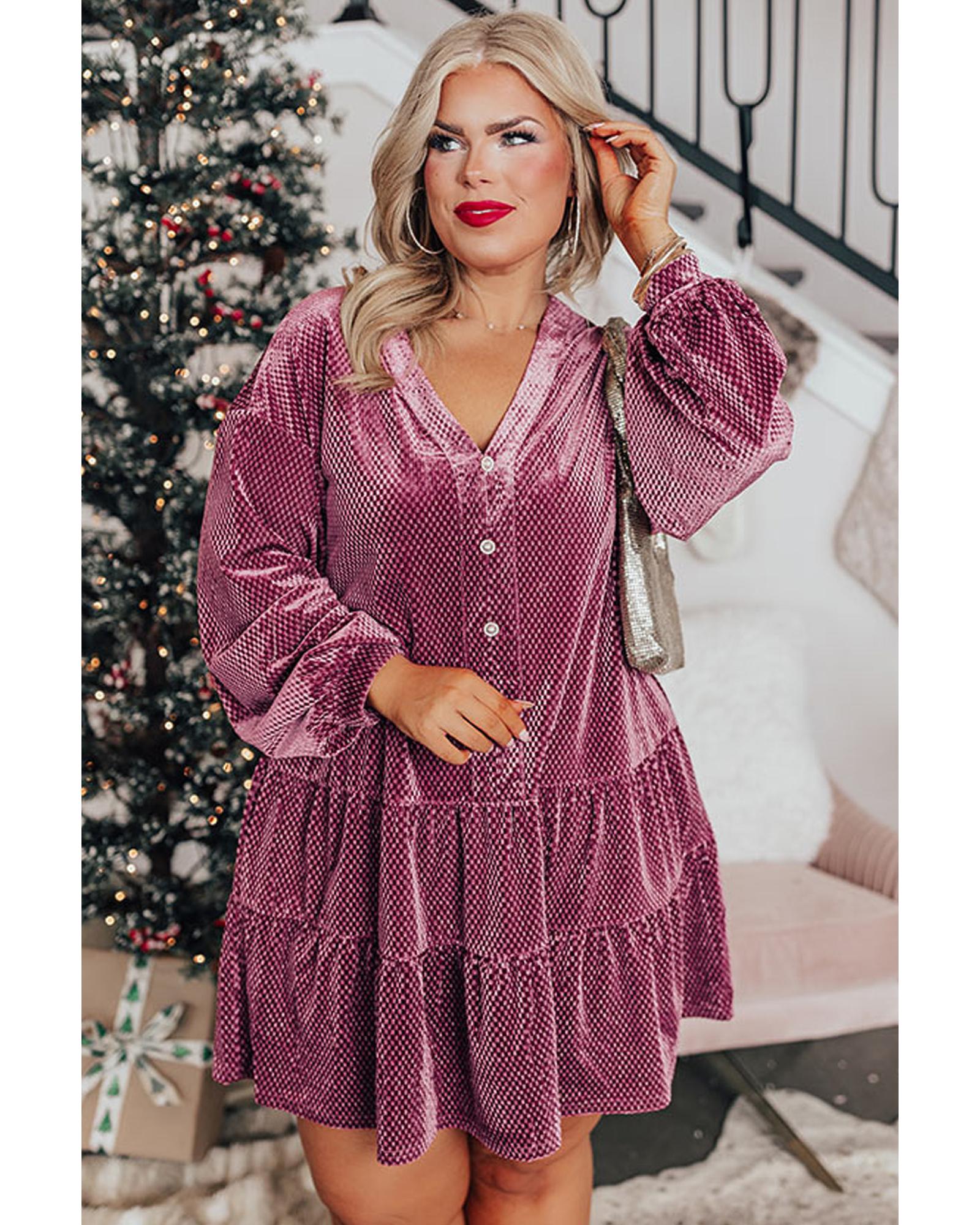 Meadow Mauve Plus Size Textured Velvet Tiered Buttons Tiered Dress - 4X