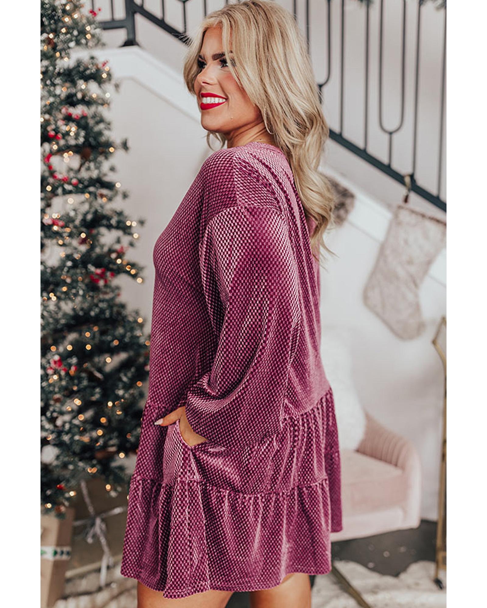 Meadow Mauve Plus Size Textured Velvet Tiered Buttons Tiered Dress - 4X