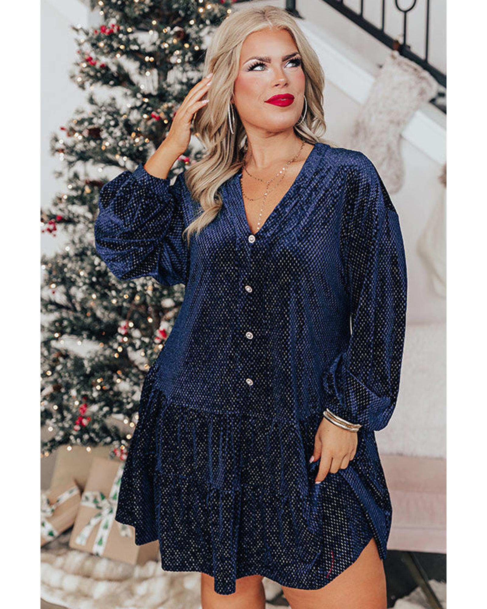 Navy Blue Plus Size Textured Velvet Tiered Button V Neck Dress - 1X