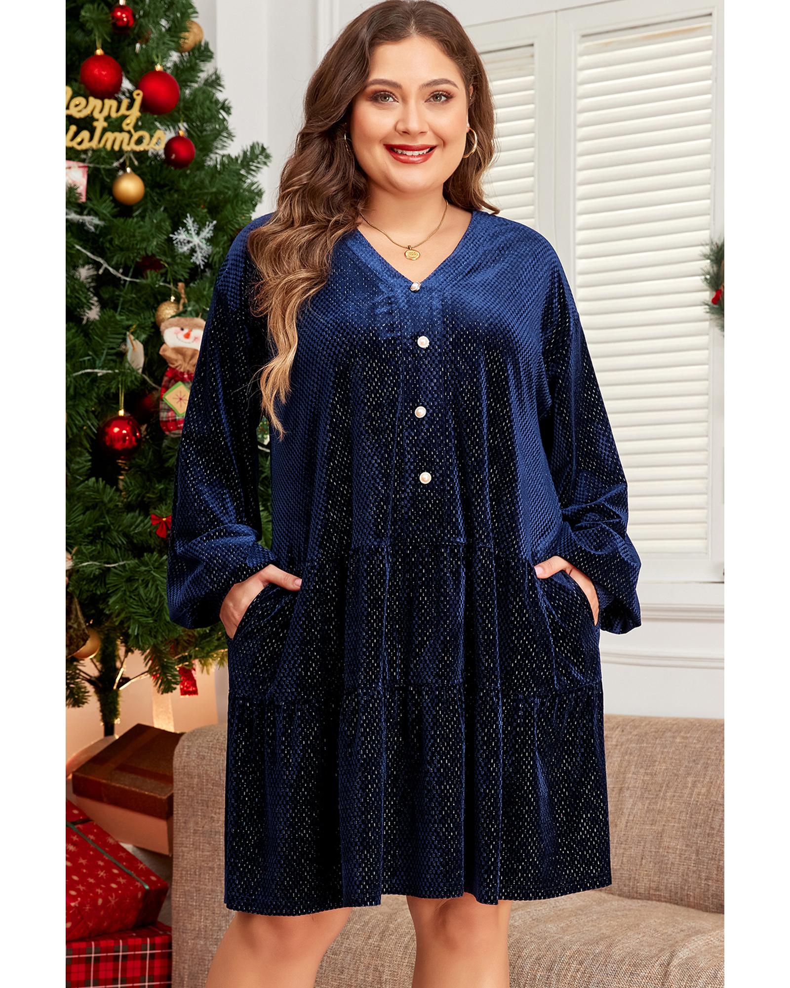 Navy Blue Plus Size Textured Velvet Tiered Button V Neck Dress - 2X