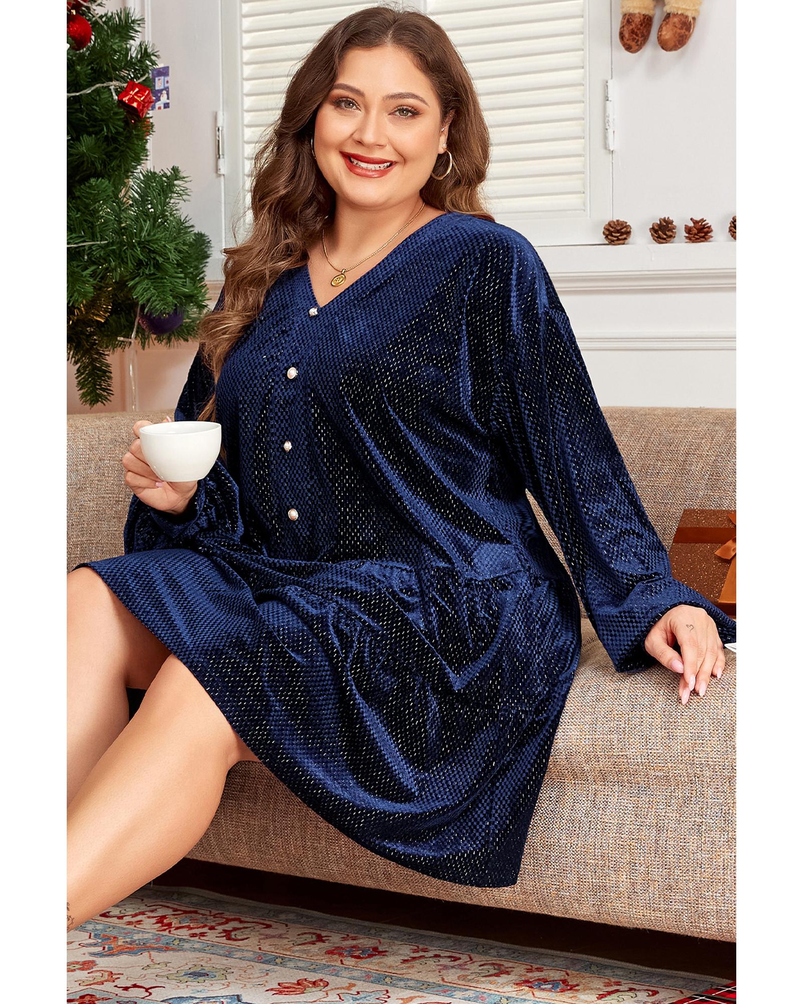 Navy Blue Plus Size Textured Velvet Tiered Button V Neck Dress - 2X