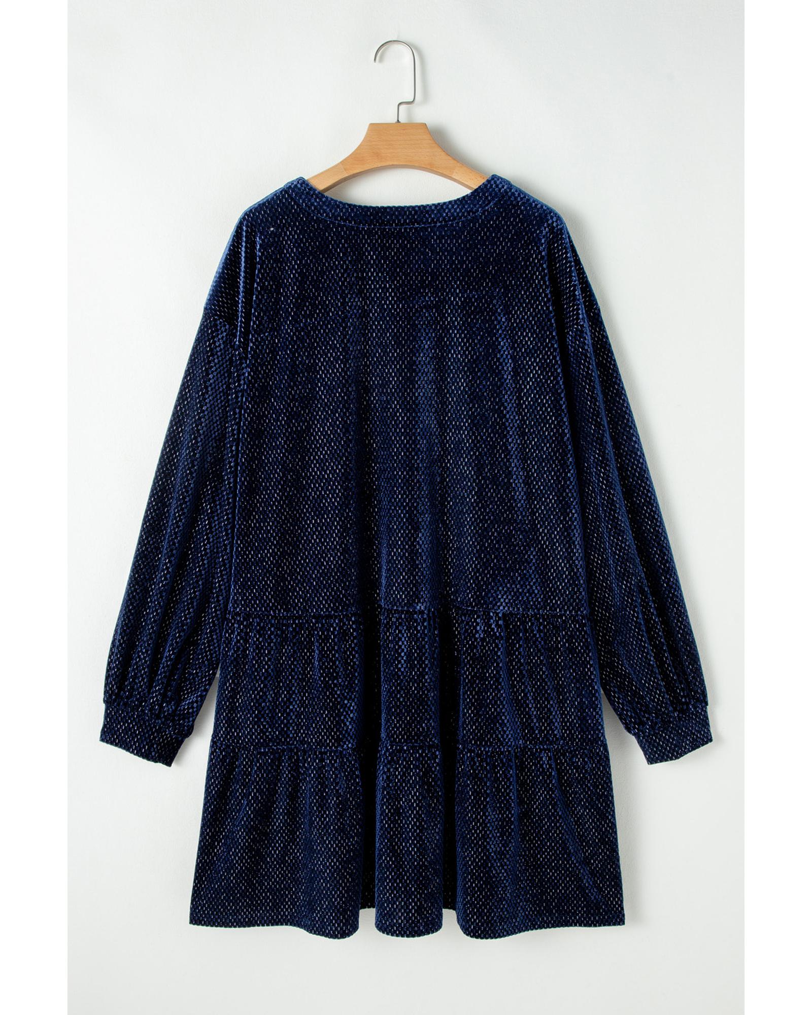Navy Blue Plus Size Textured Velvet Tiered Button V Neck Dress - 4X