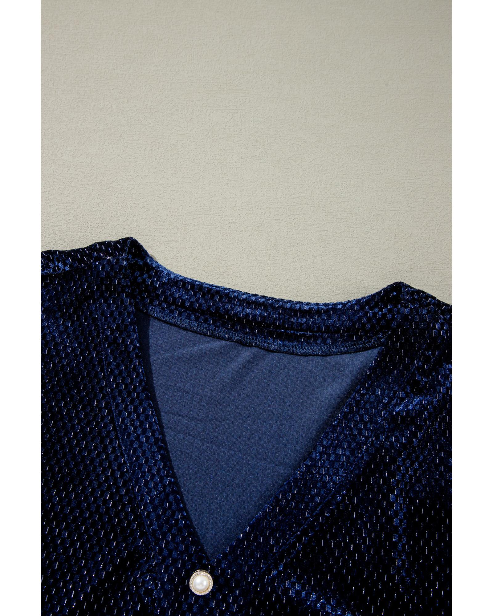 Navy Blue Plus Size Textured Velvet Tiered Button V Neck Dress - 4X