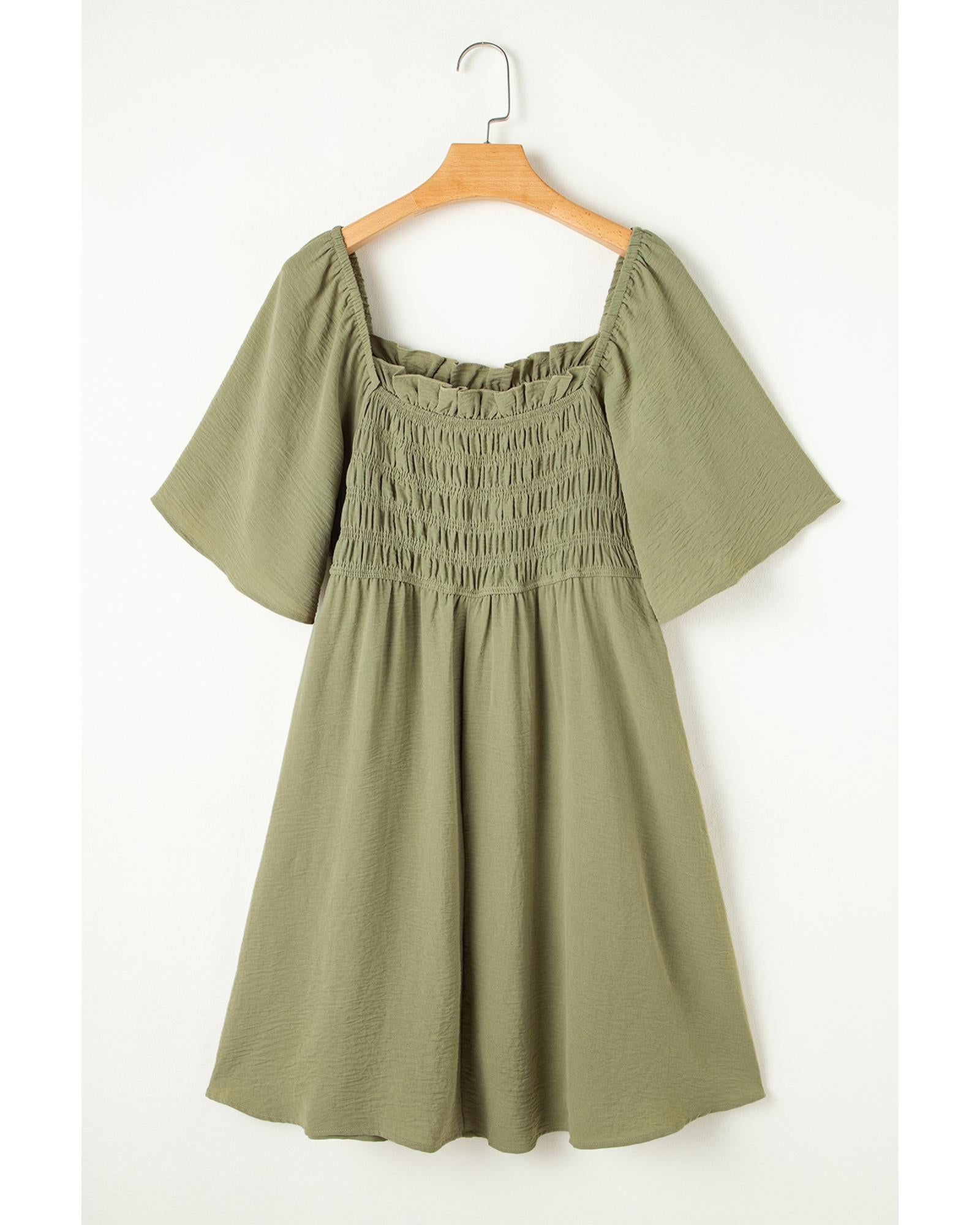 Grass Green Frilly Square Neck Flutter Sleeve Smocked High Waist Plus Size Dress - 2X