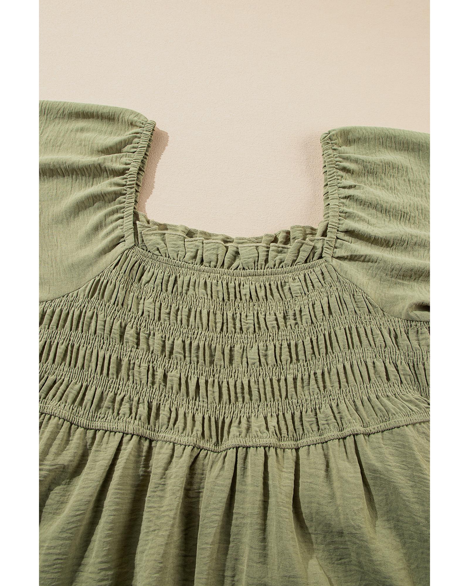 Grass Green Frilly Square Neck Flutter Sleeve Smocked High Waist Plus Size Dress - 2X