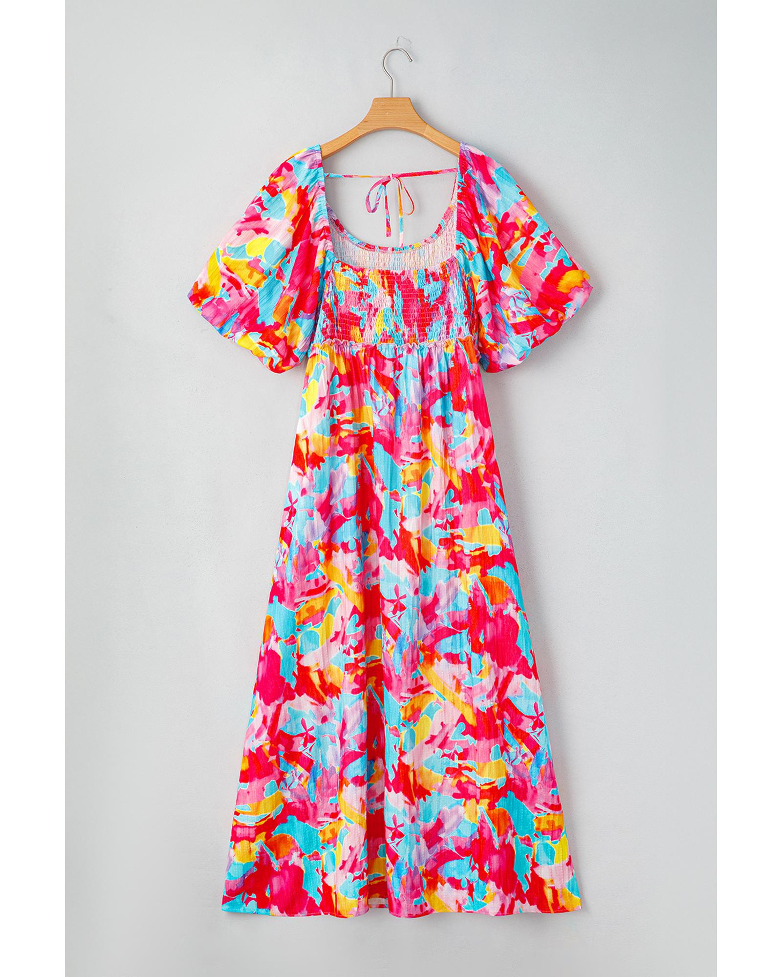 Rose Abstract Printed Puff Sleeve Square Neck Smocked Bust Tied Back Plus Size Dress - 2X