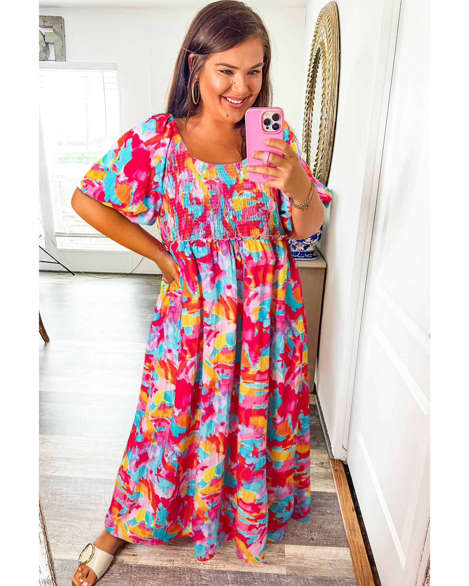Rose Abstract Printed Puff Sleeve Square Neck Smocked Bust Tied Back Plus Size Dress - 3X