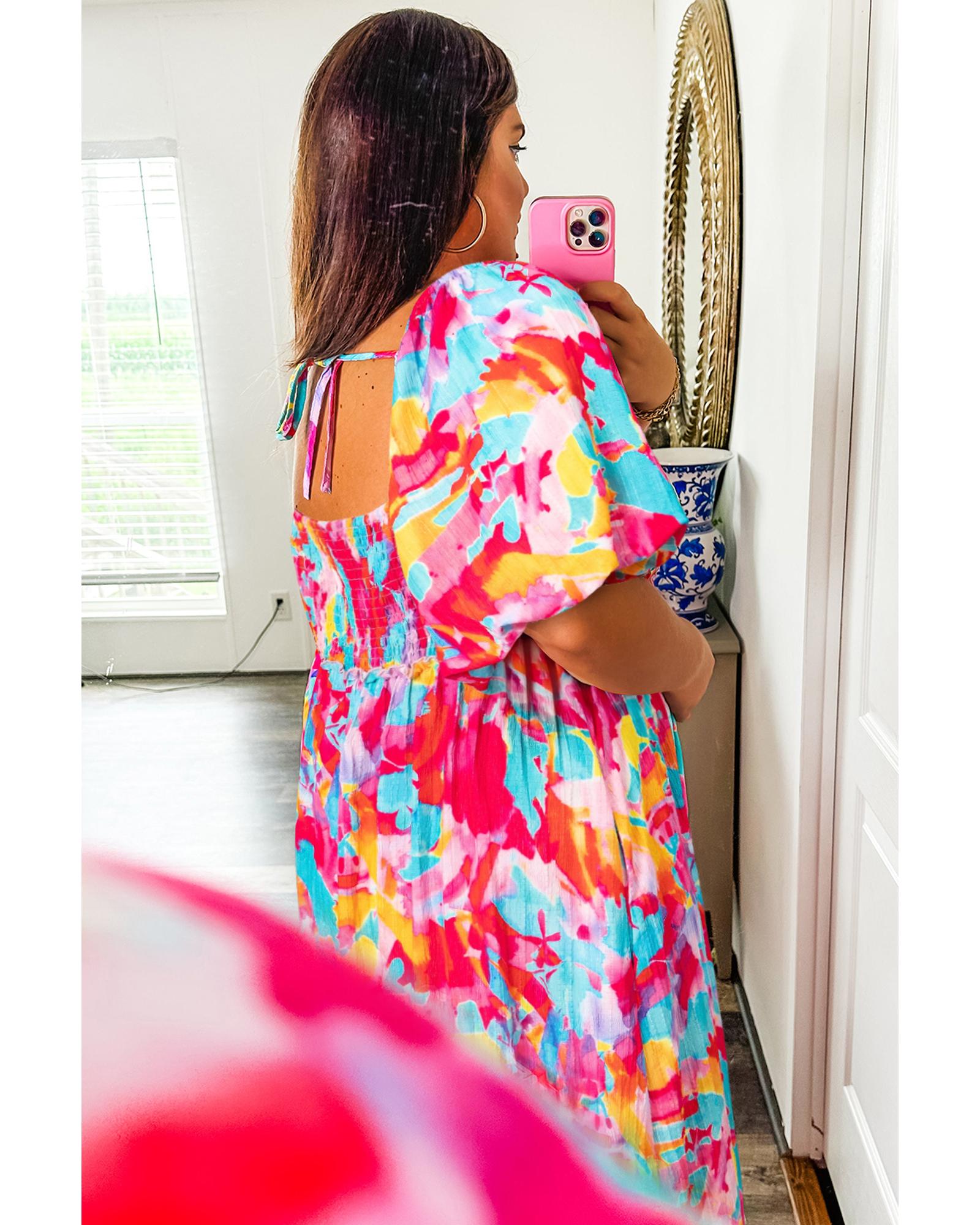 Rose Abstract Printed Puff Sleeve Square Neck Smocked Bust Tied Back Plus Size Dress - 4X