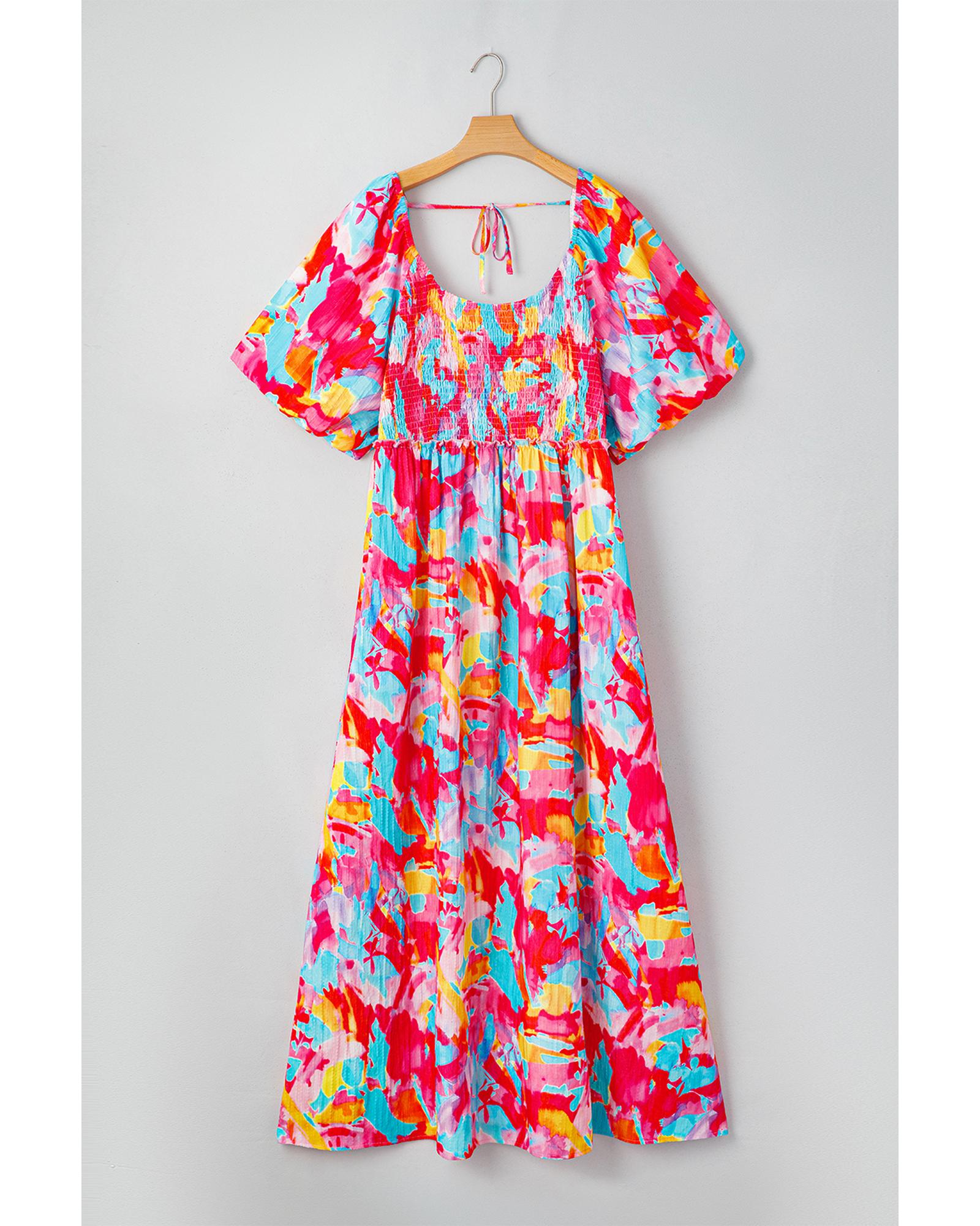Rose Abstract Printed Puff Sleeve Square Neck Smocked Bust Tied Back Plus Size Dress - 4X