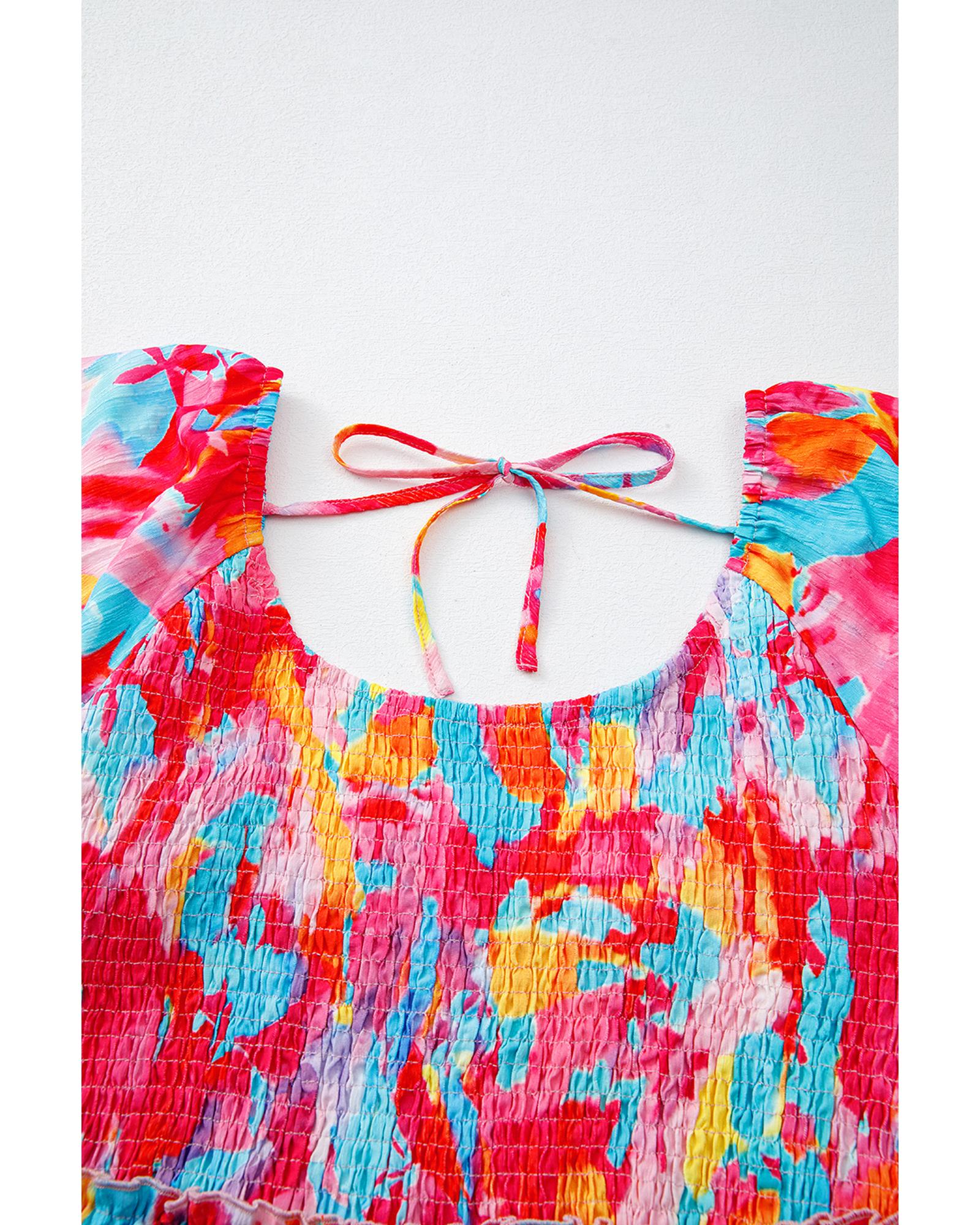 Rose Abstract Printed Puff Sleeve Square Neck Smocked Bust Tied Back Plus Size Dress - 4X