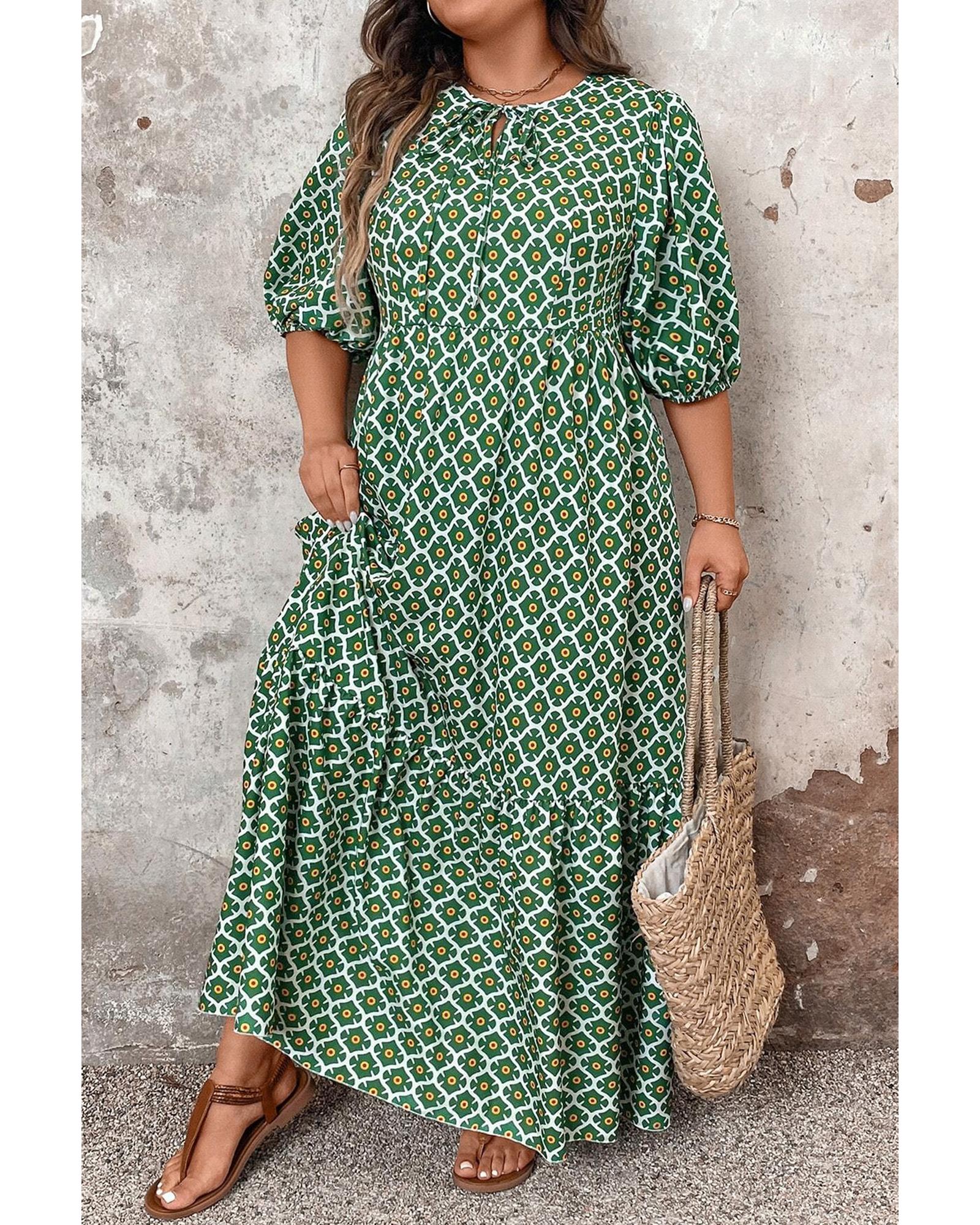 Green Geometric Floral Print Half Sleeve Plus Size Maxi Dress - 1X