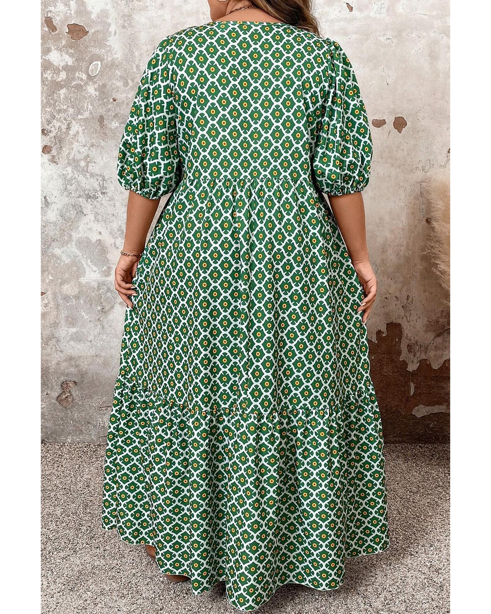 Green Geometric Floral Print Half Sleeve Plus Size Maxi Dress - 1X