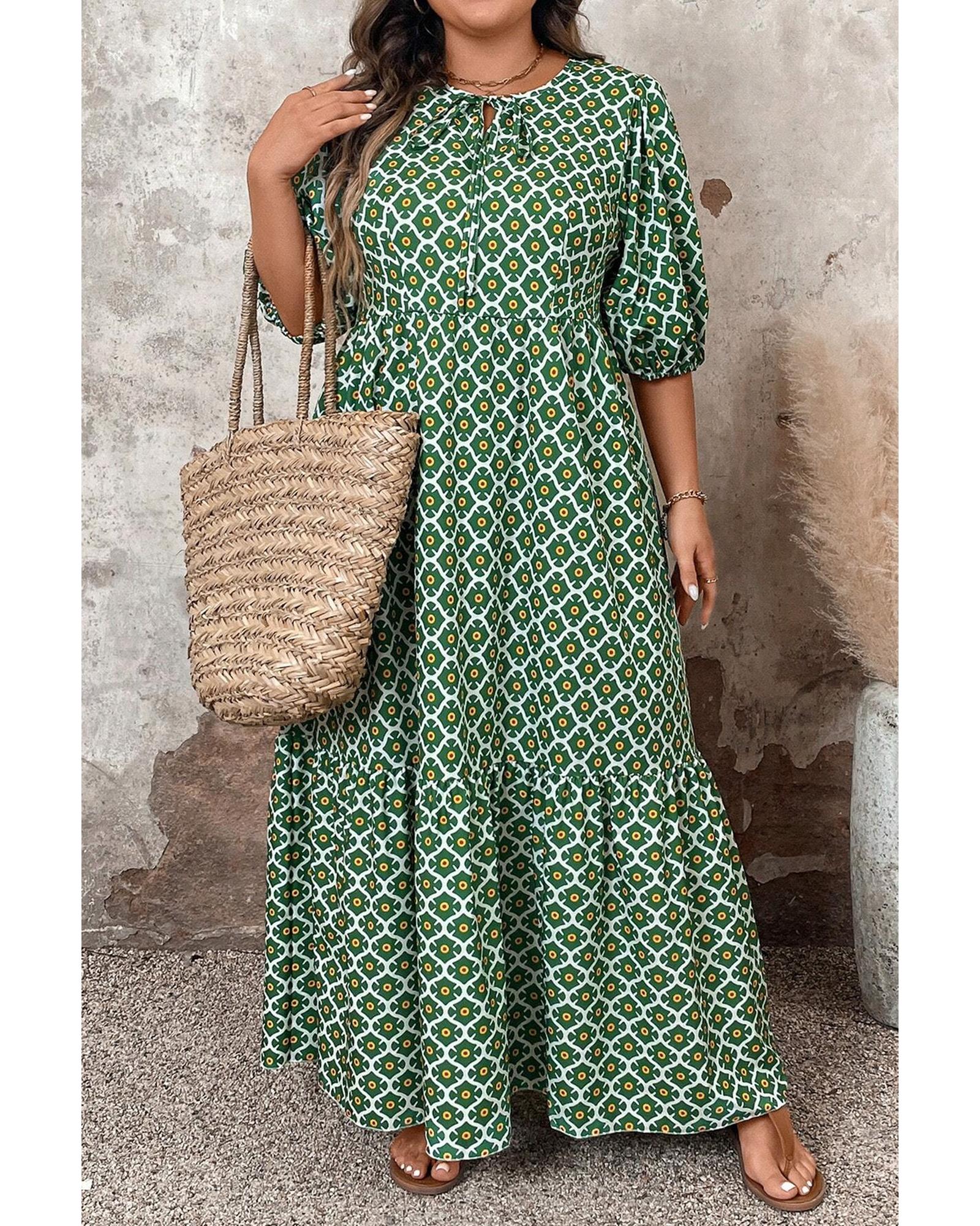 Green Geometric Floral Print Half Sleeve Plus Size Maxi Dress - 2X