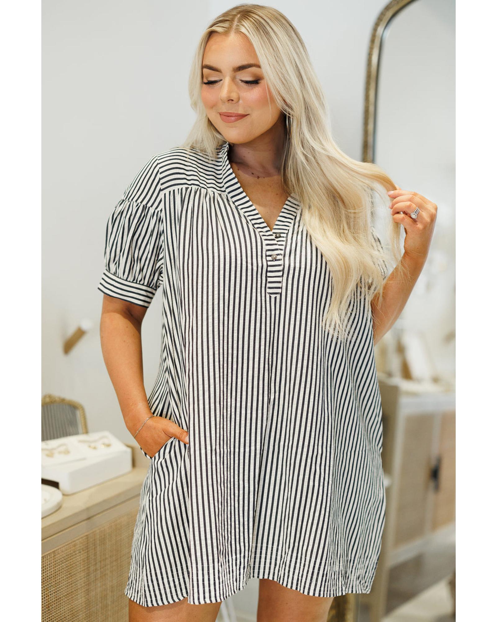 Black Stripe Short Sleeve Buttoned V Neck Pocketed Plus Size Mini Dress - 4X