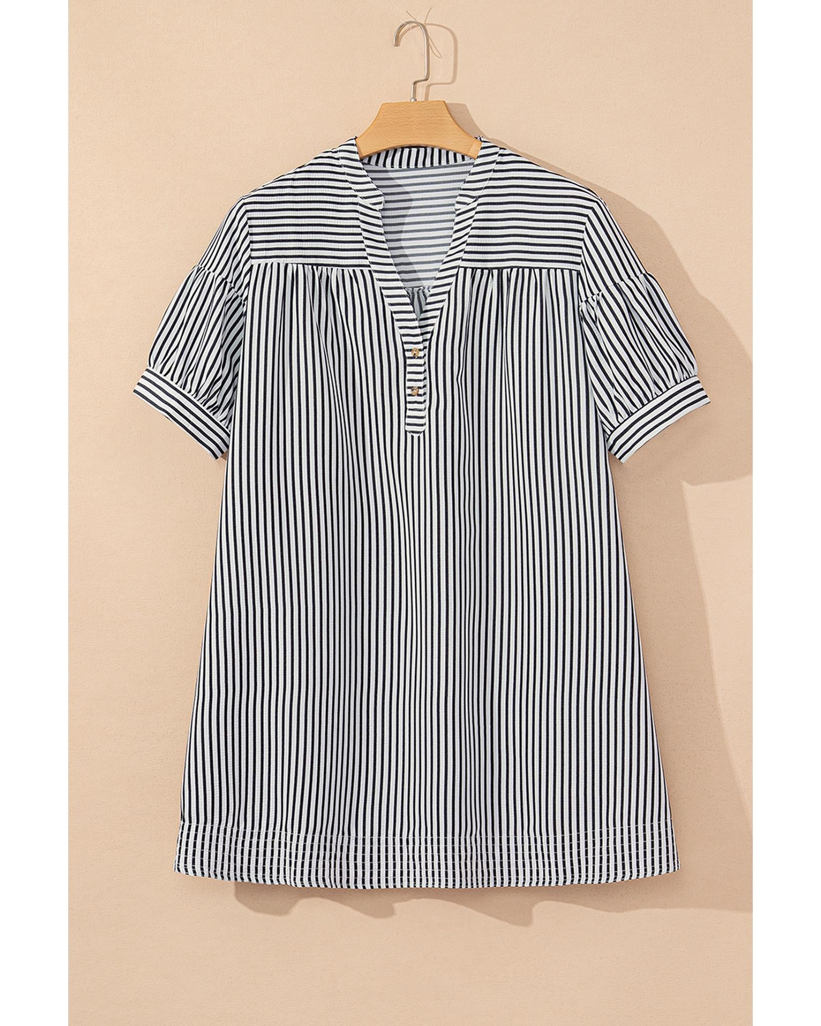 Black Stripe Short Sleeve Buttoned V Neck Pocketed Plus Size Mini Dress - 4X
