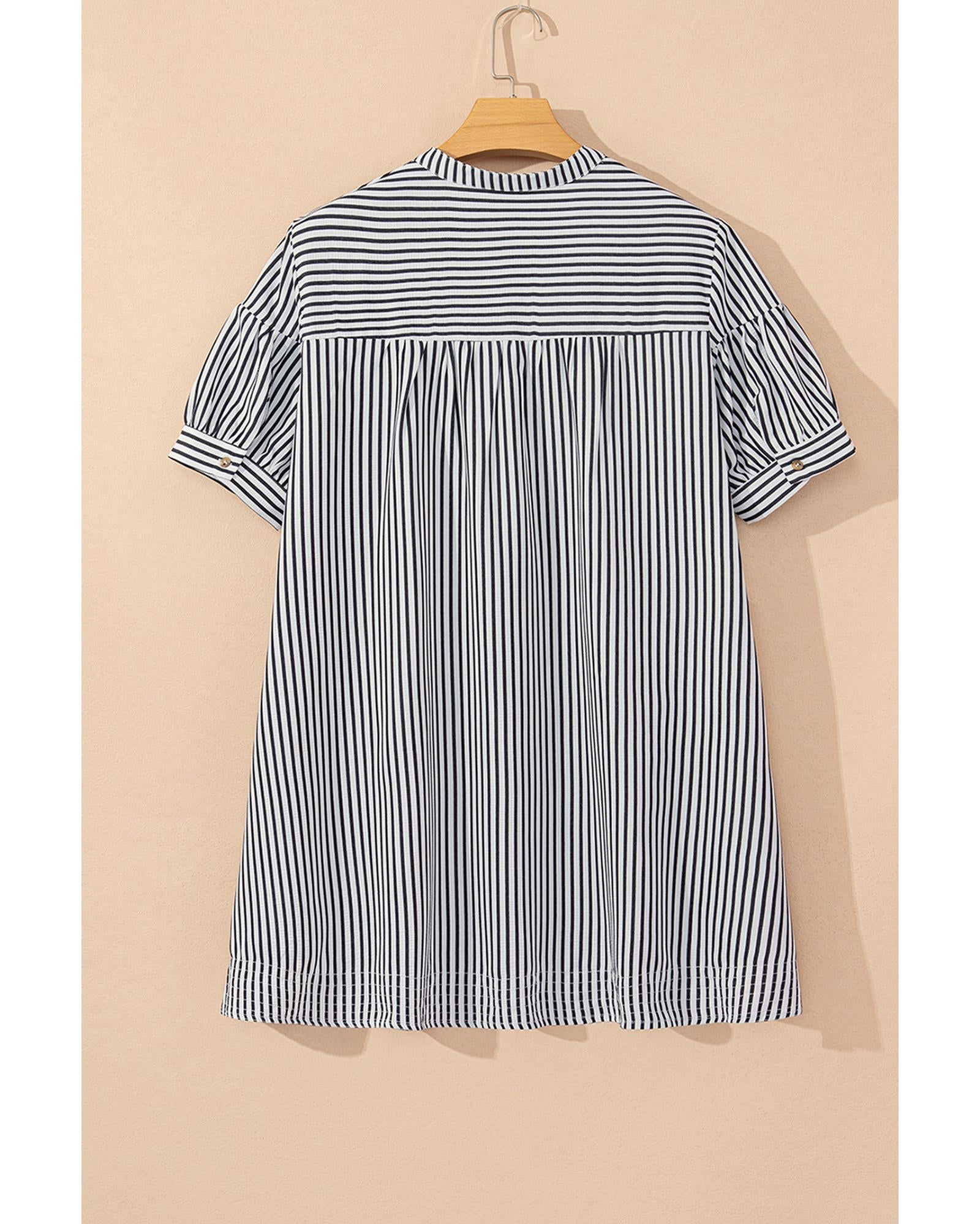 Black Stripe Short Sleeve Buttoned V Neck Pocketed Plus Size Mini Dress - 4X