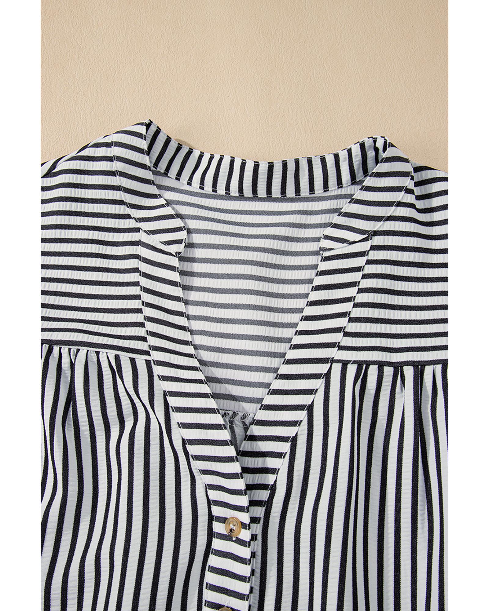 Black Stripe Short Sleeve Buttoned V Neck Pocketed Plus Size Mini Dress - 4X