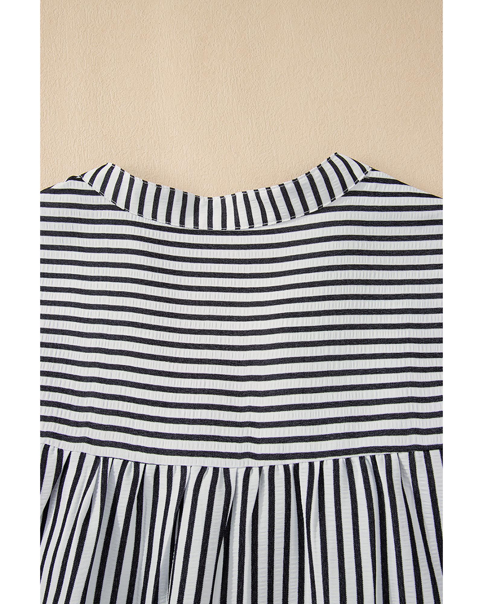 Black Stripe Short Sleeve Buttoned V Neck Pocketed Plus Size Mini Dress - 4X