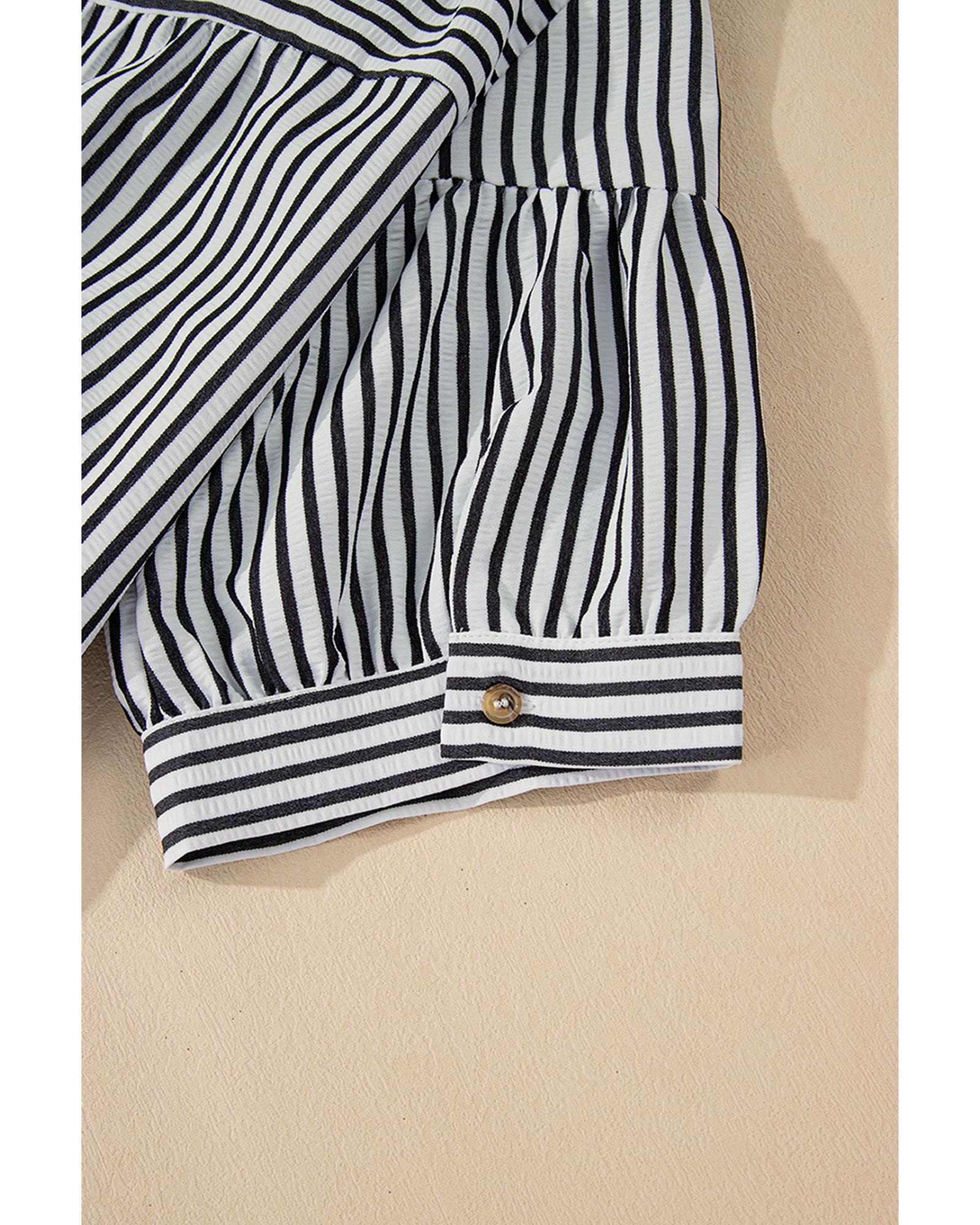 Black Stripe Short Sleeve Buttoned V Neck Pocketed Plus Size Mini Dress - 4X