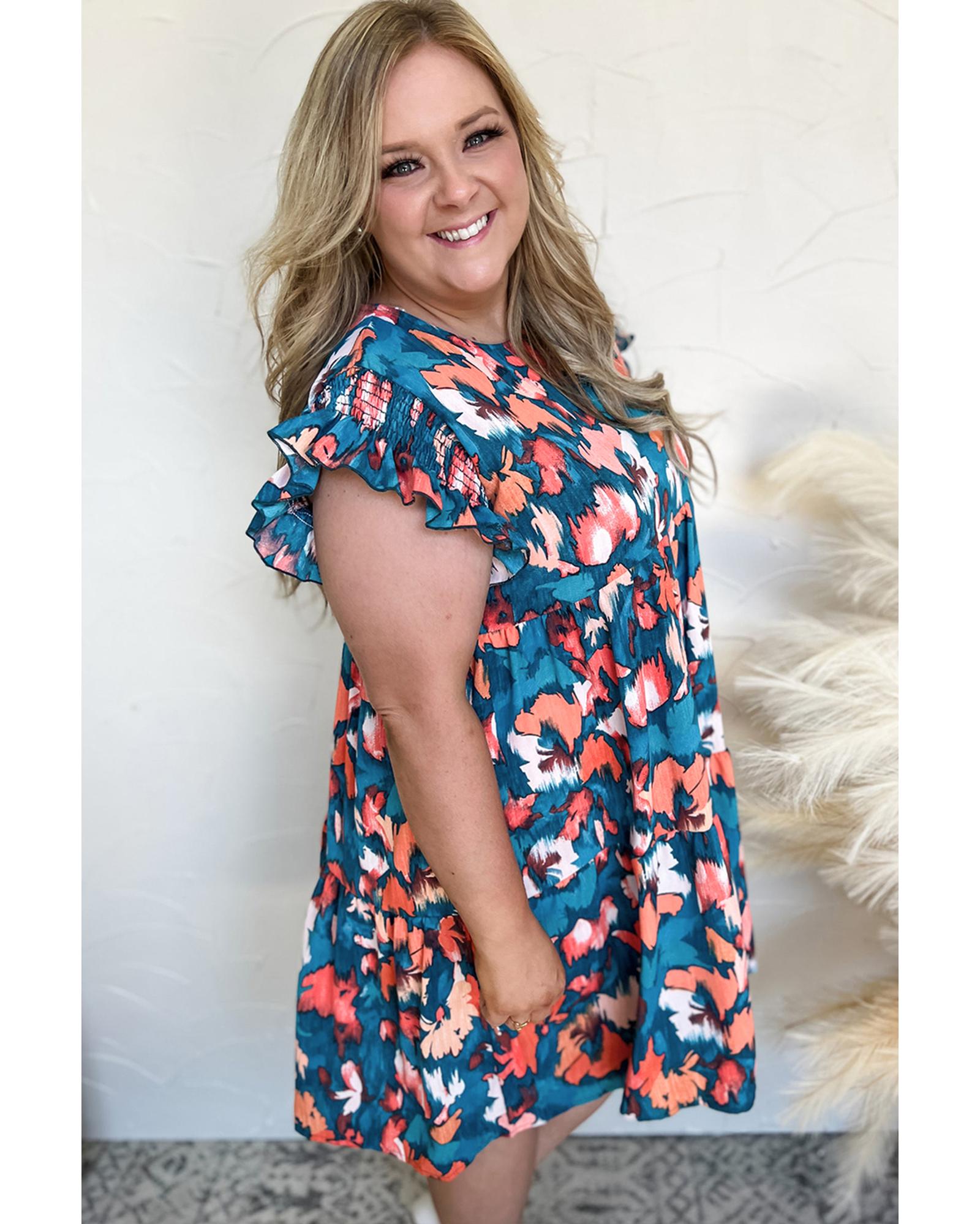 Blue Abstract Print Shirred Ruffled Short Sleeve Tiered Plus Size Mini Dress - 2X