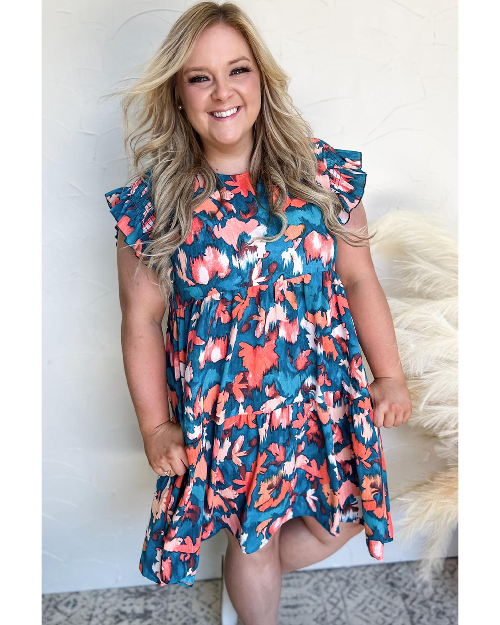 Blue Abstract Print Shirred Ruffled Short Sleeve Tiered Plus Size Mini Dress - 2X