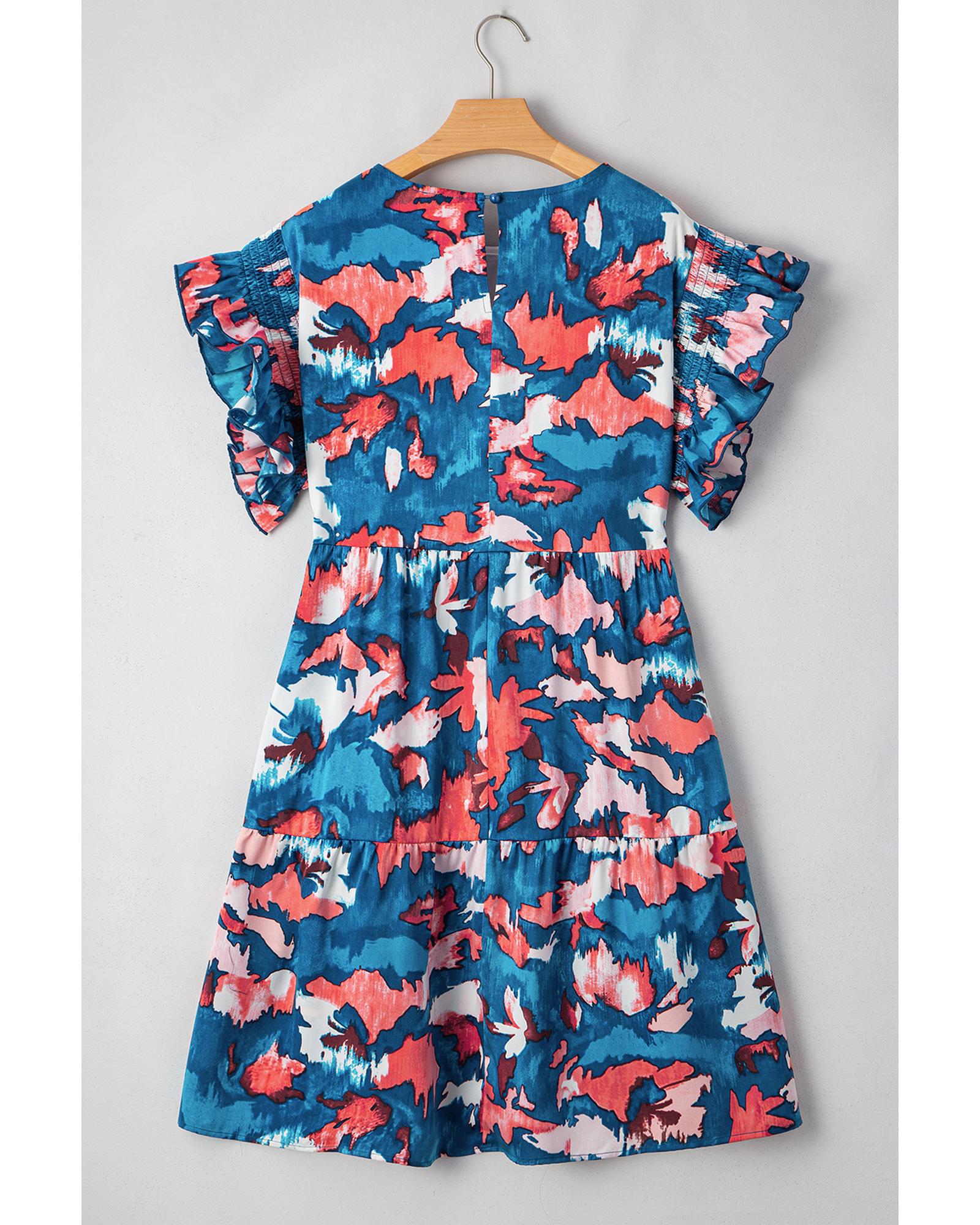 Blue Abstract Print Shirred Ruffled Short Sleeve Tiered Plus Size Mini Dress - 2X