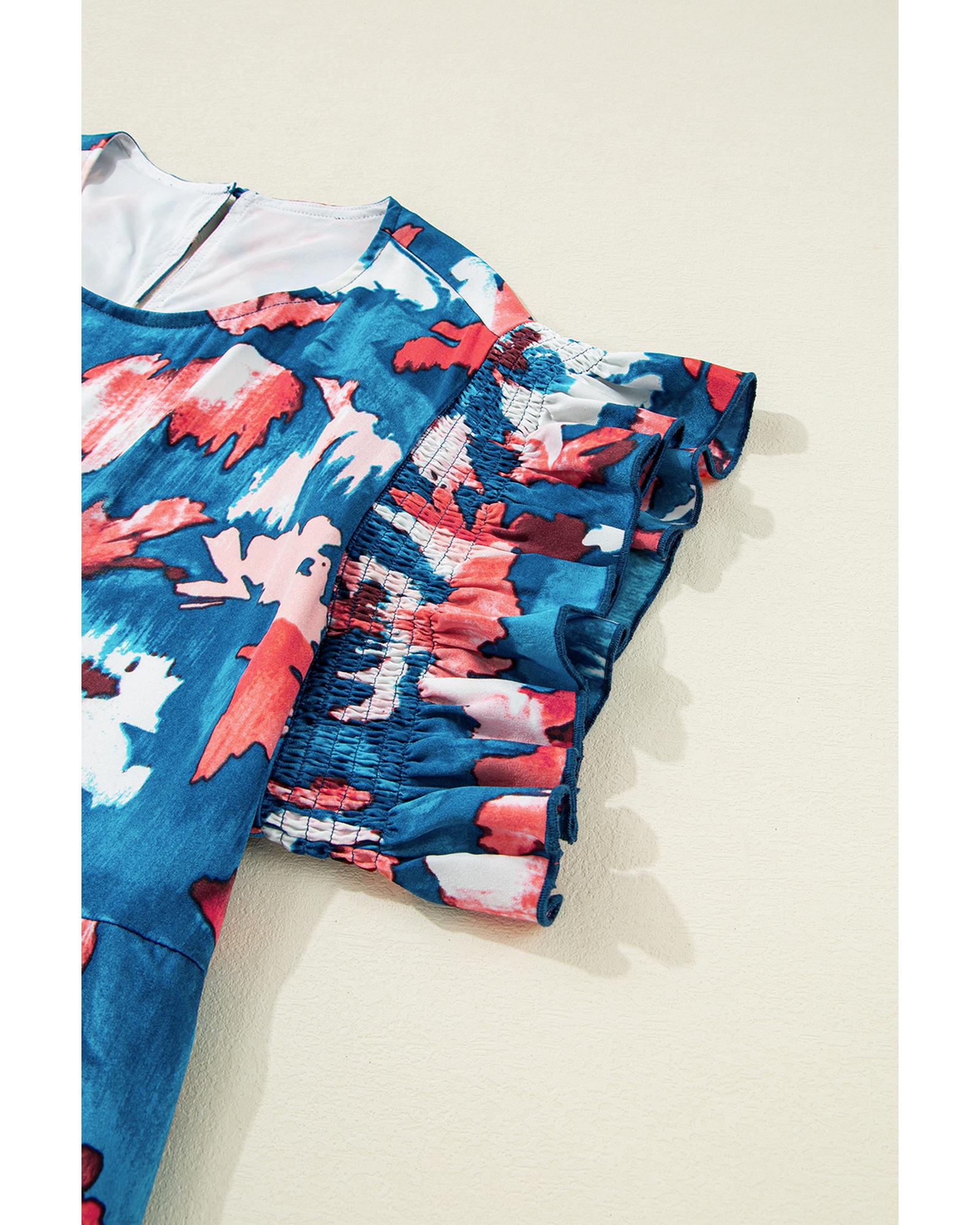 Blue Abstract Print Shirred Ruffled Short Sleeve Tiered Plus Size Mini Dress - 2X