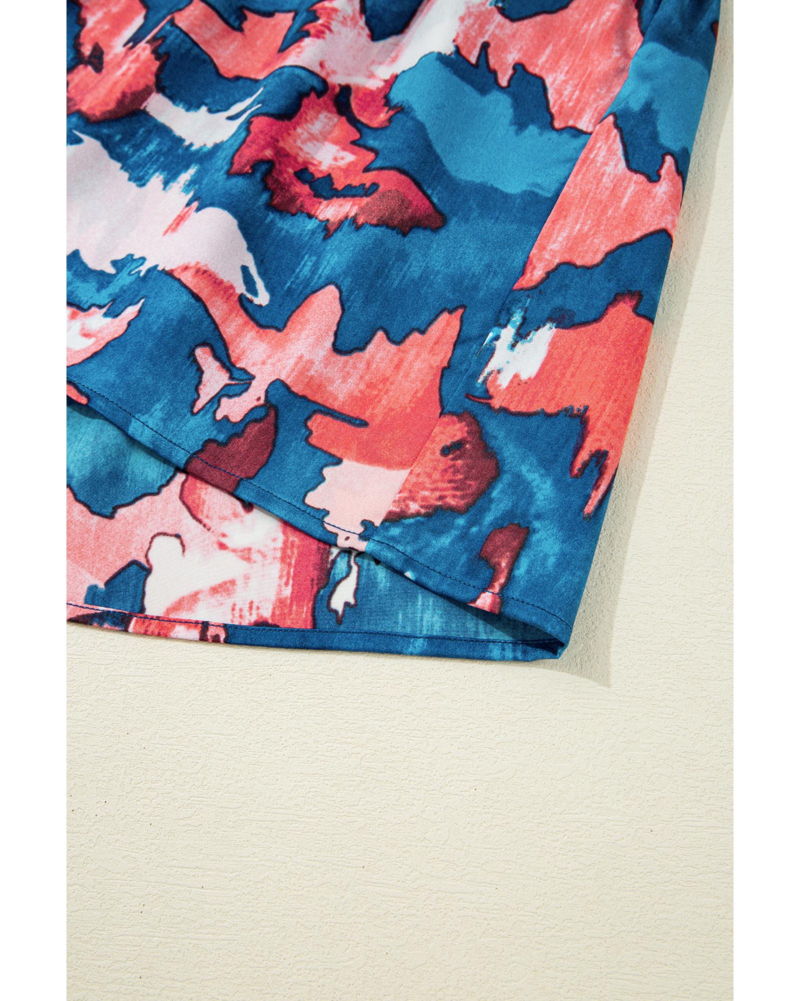 Blue Abstract Print Shirred Ruffled Short Sleeve Tiered Plus Size Mini Dress - 2X