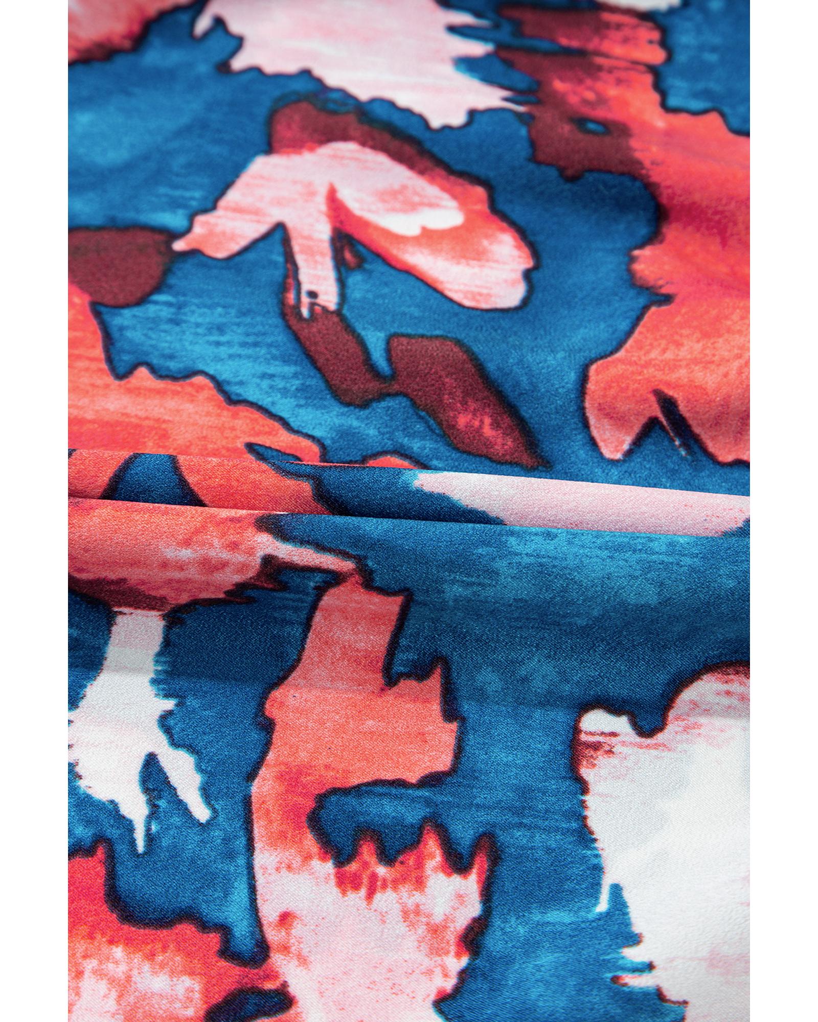 Blue Abstract Print Shirred Ruffled Short Sleeve Tiered Plus Size Mini Dress - 2X