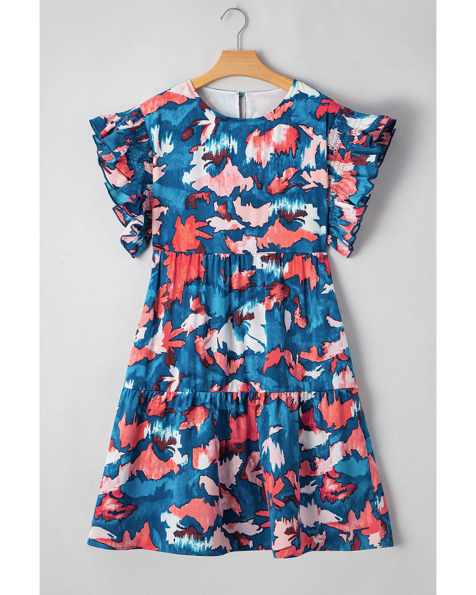 Blue Abstract Print Shirred Ruffled Short Sleeve Tiered Plus Size Mini Dress - 3X
