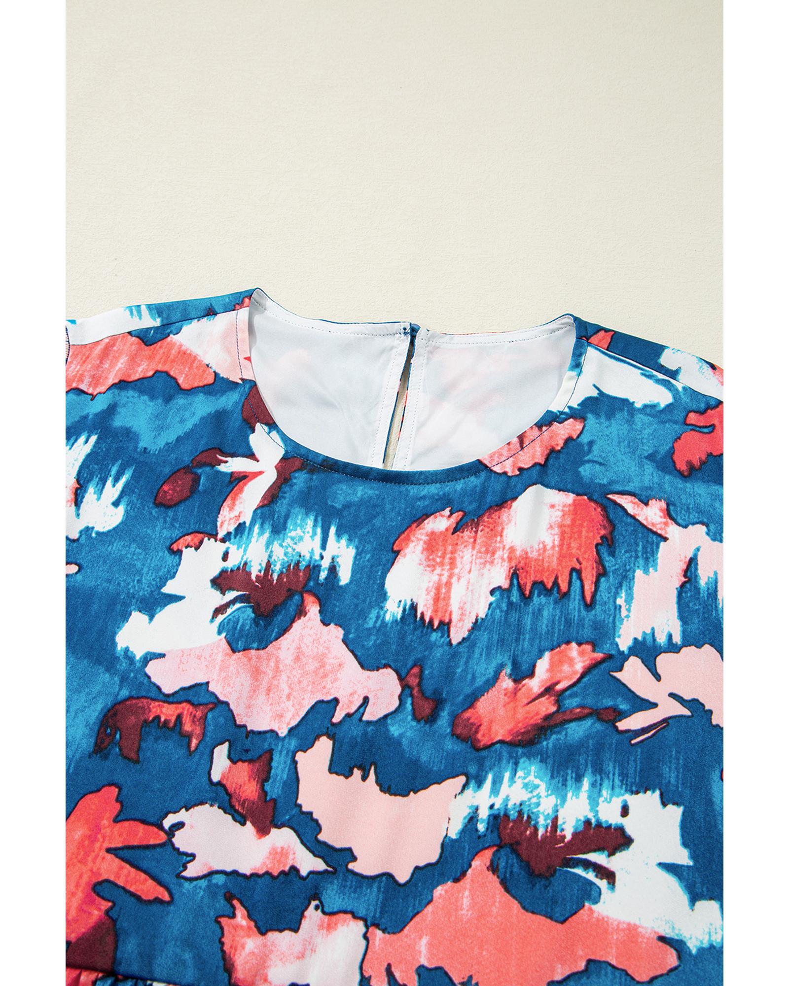 Blue Abstract Print Shirred Ruffled Short Sleeve Tiered Plus Size Mini Dress - 3X