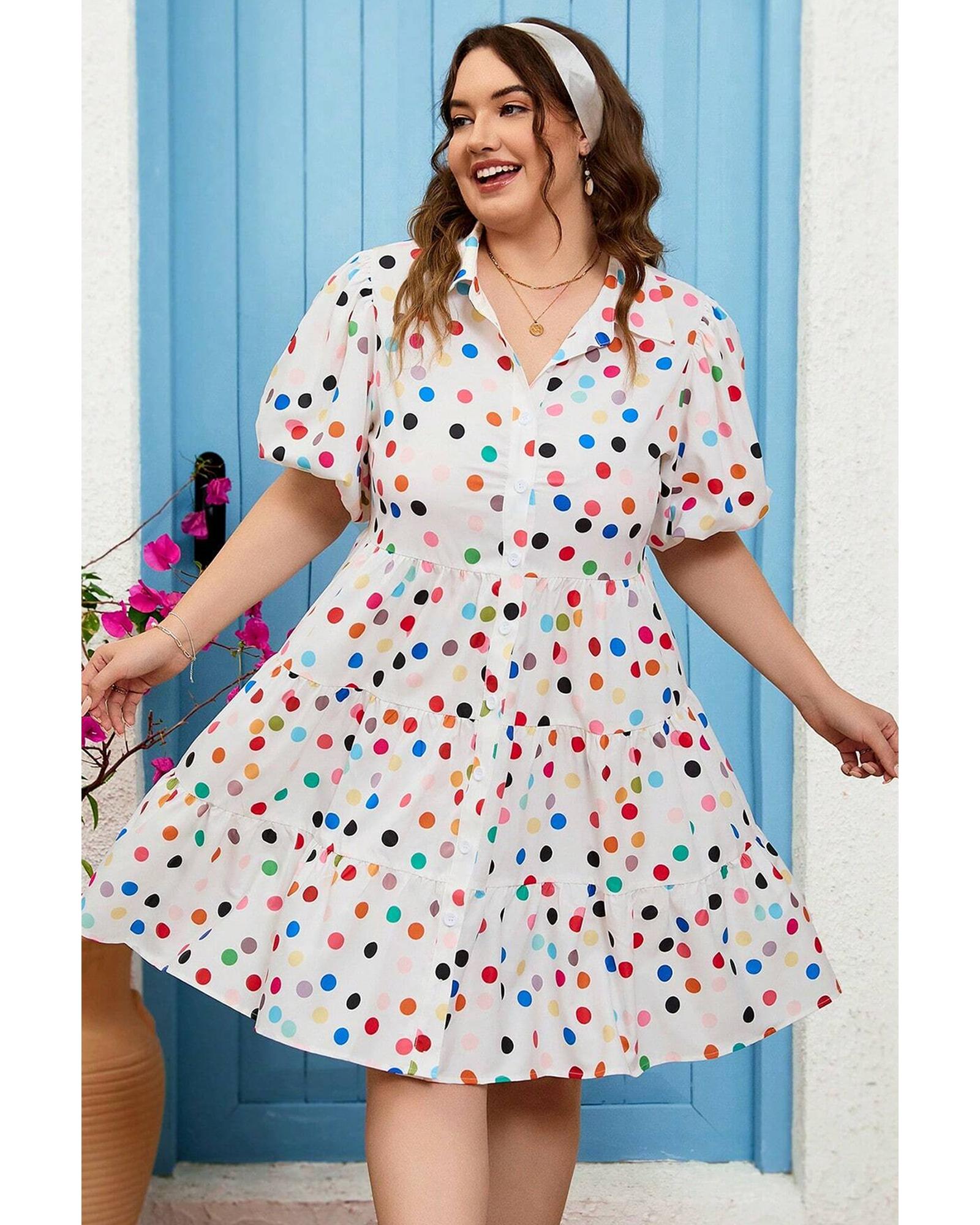 White Polka Dot Print Bubble Sleeve Button Up Plus Size Shirt Dress - 1X