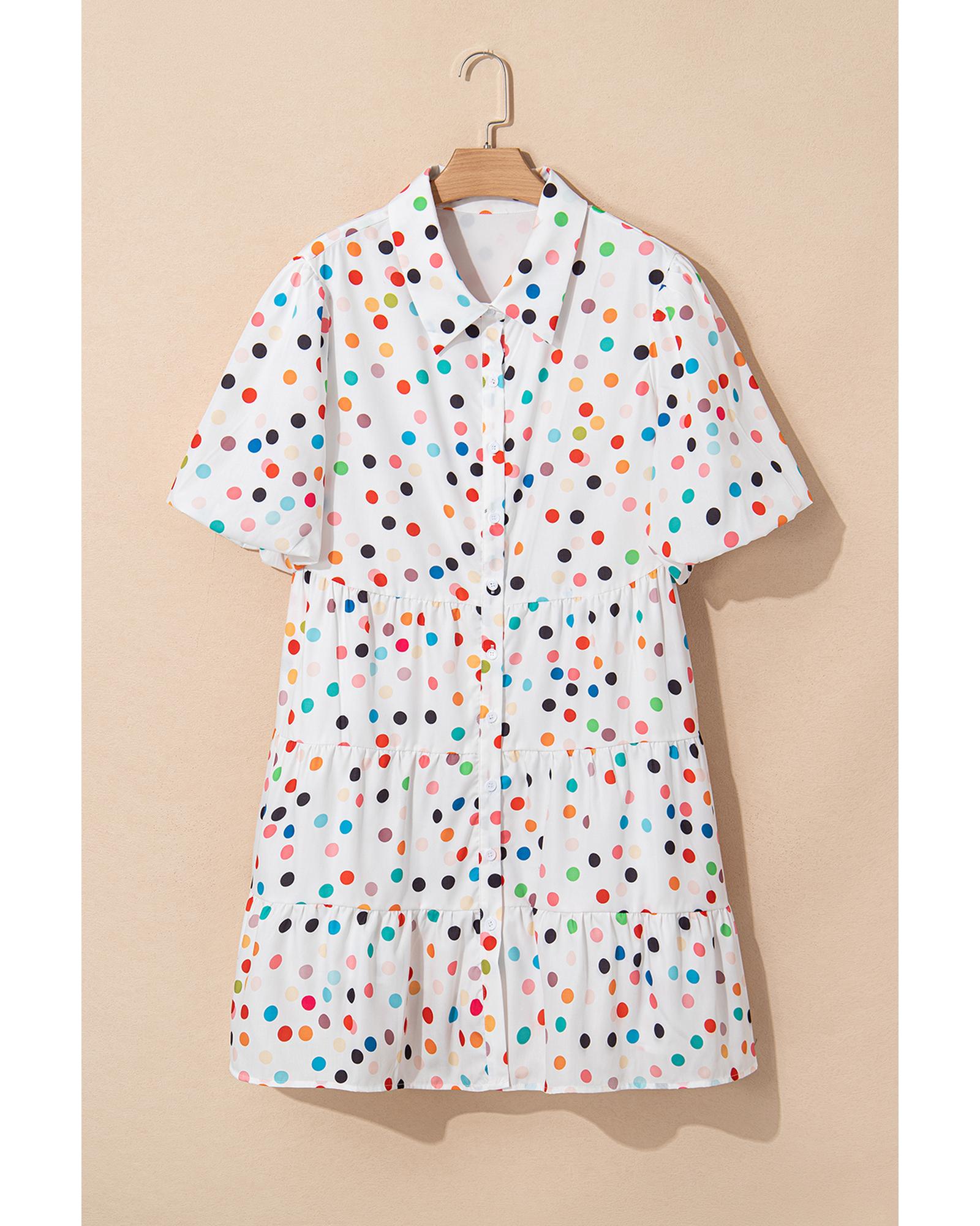 White Polka Dot Print Bubble Sleeve Button Up Plus Size Shirt Dress - 1X