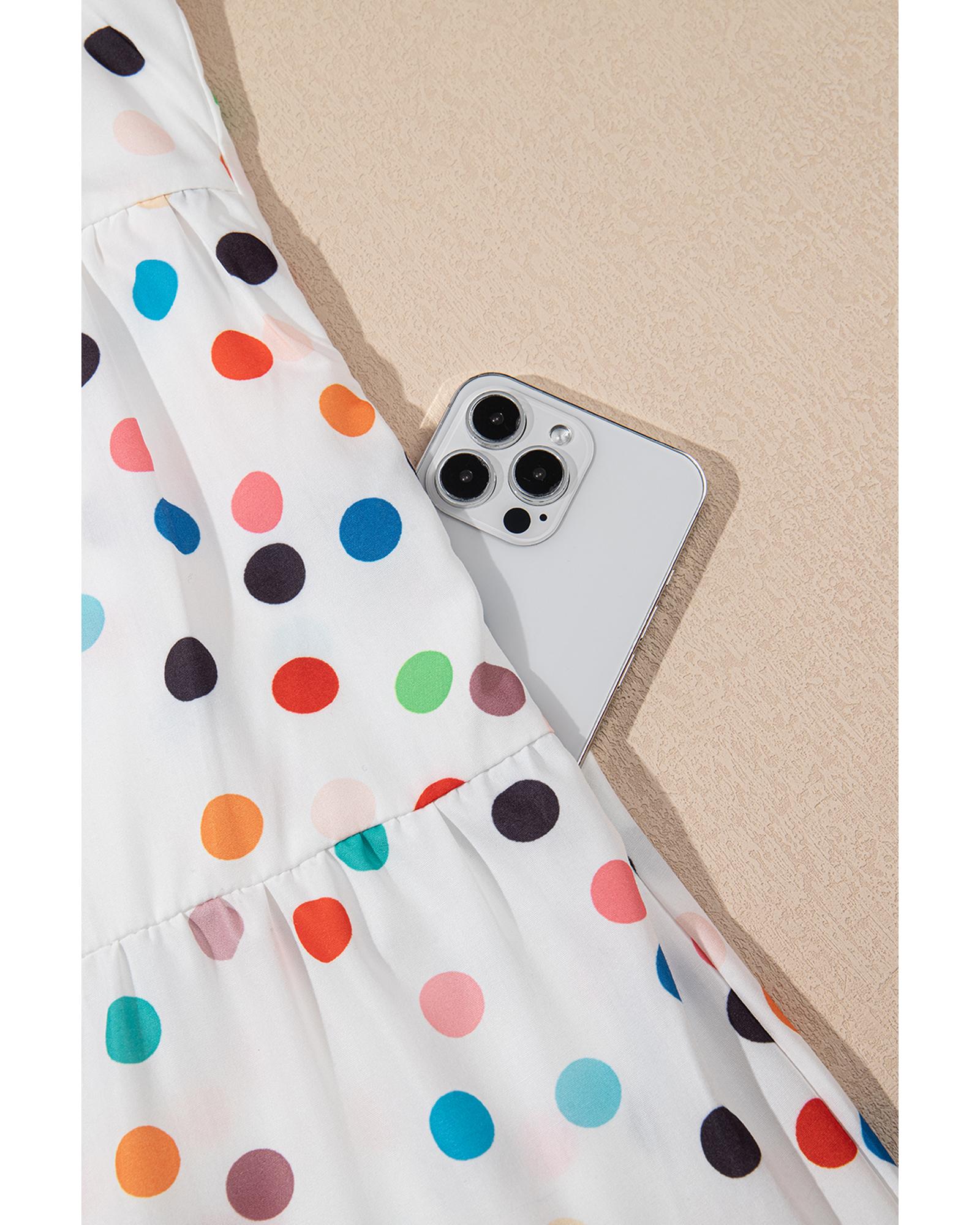 White Polka Dot Print Bubble Sleeve Button Up Plus Size Shirt Dress - 1X