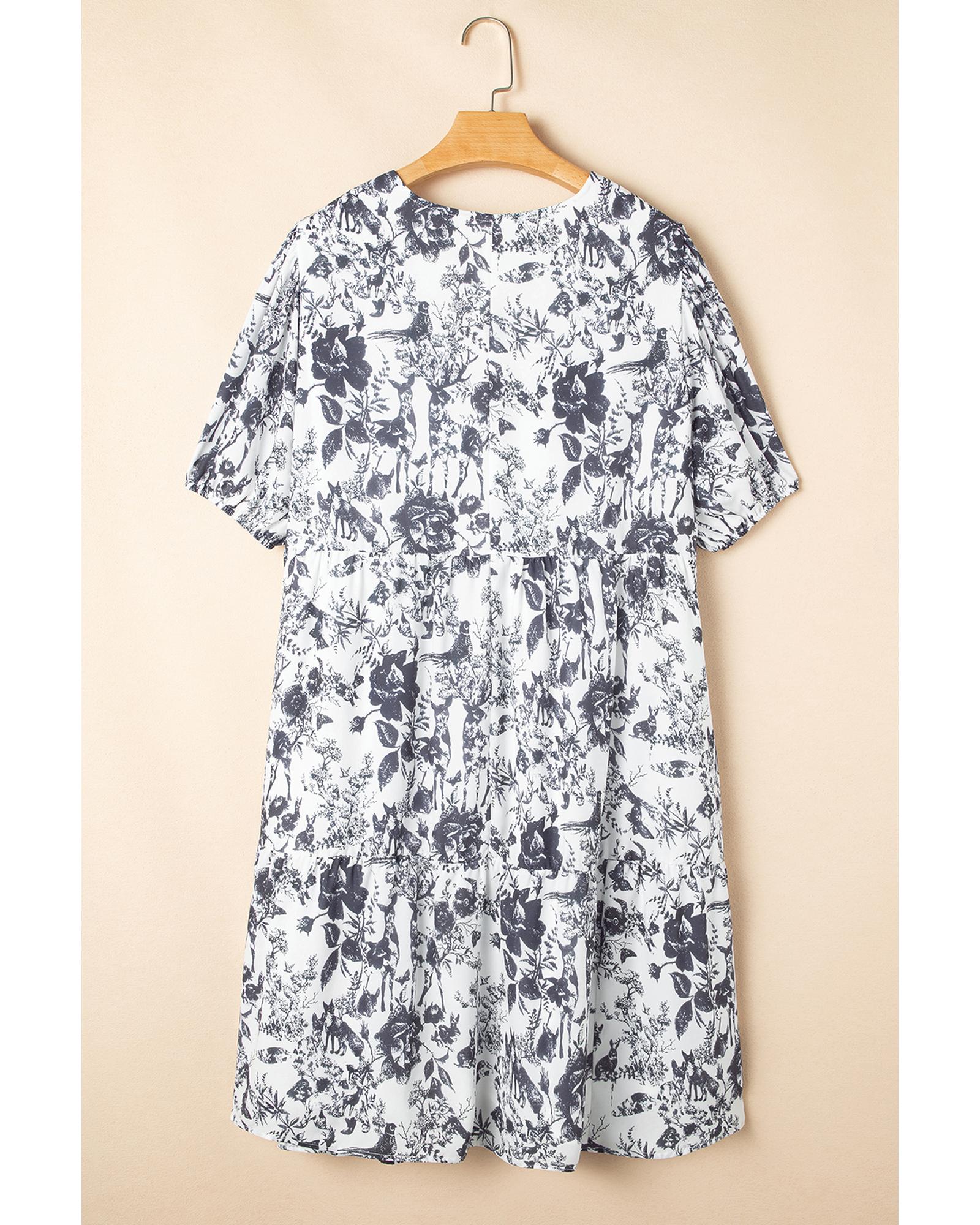 Black Floral Print Bow Detail Puff Sleeve Plus Size Midi Dress - 4X