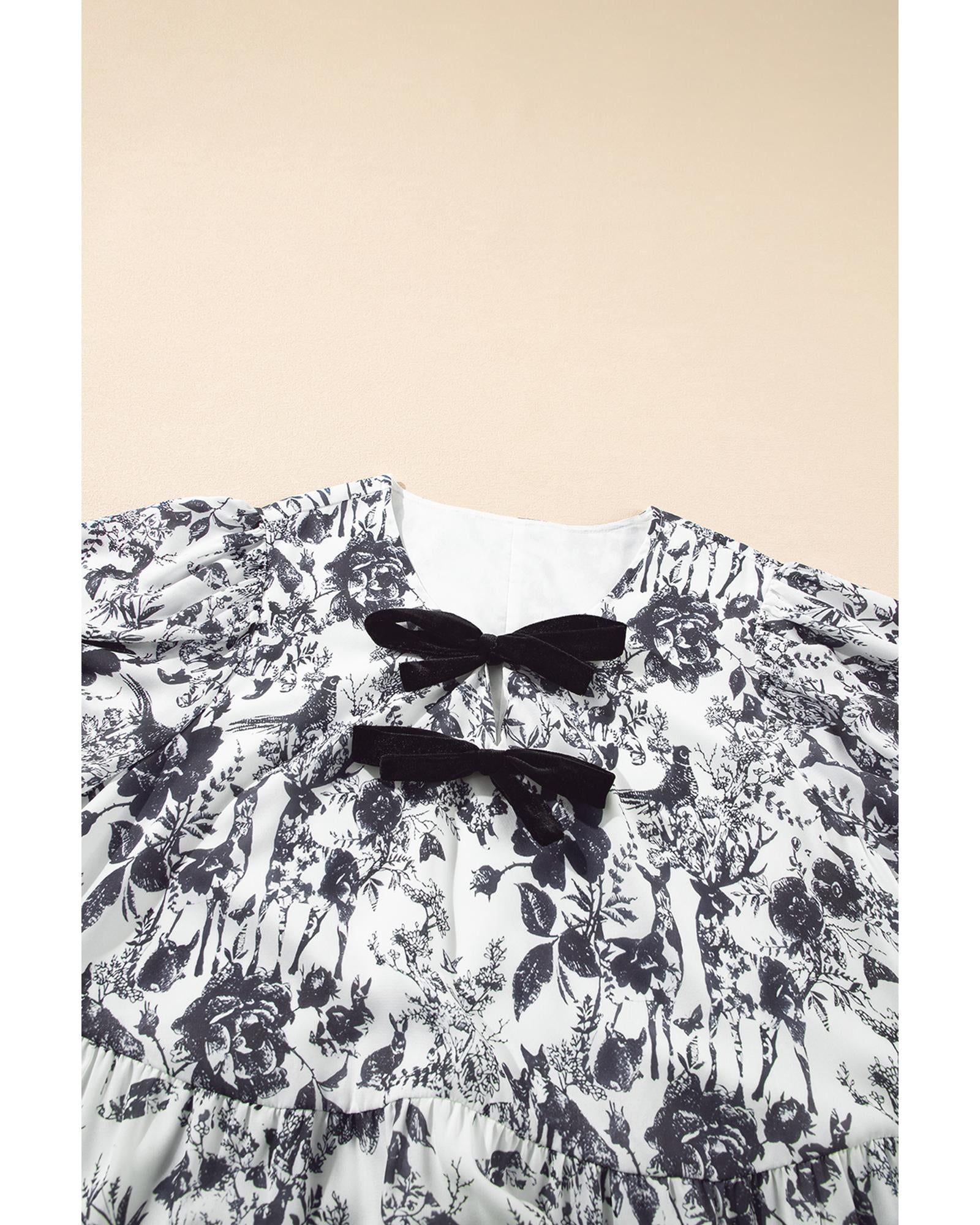Black Floral Print Bow Detail Puff Sleeve Plus Size Midi Dress - 4X