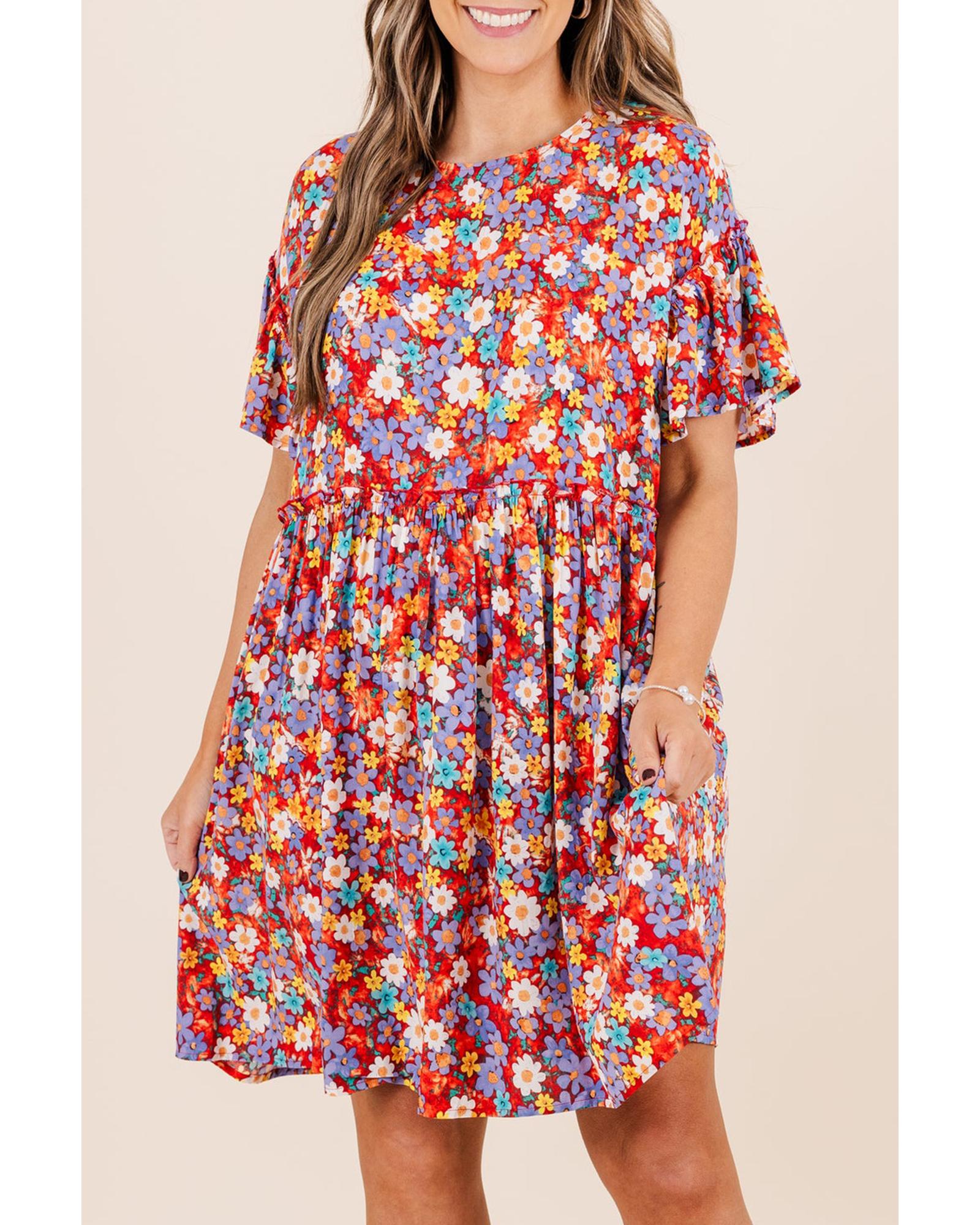Red Dainty Flower Printed Plus Size Short Sleeve Shift Dress - 3X