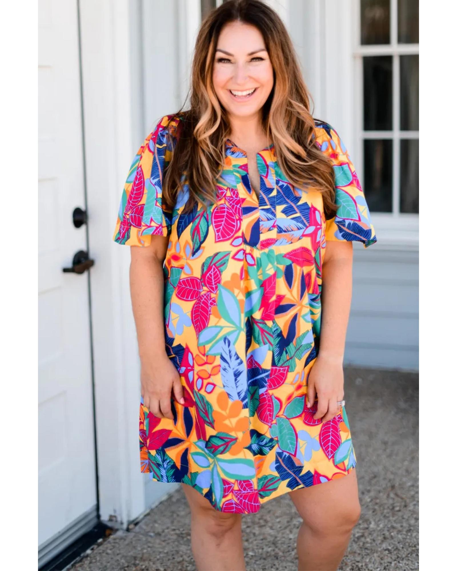 Multicolour Plus Size Leafy Print Split Neck Short Sleeve Shift Dress - 2X