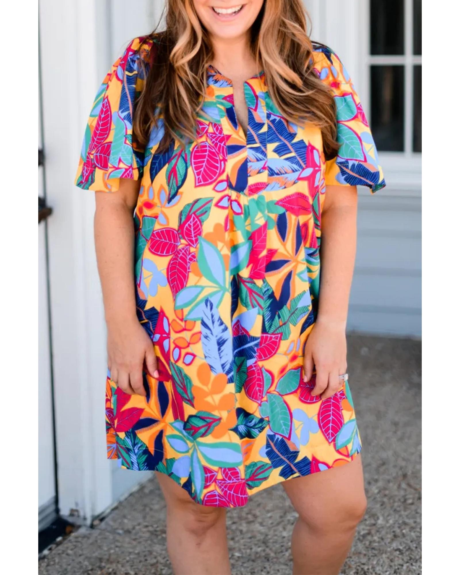 Multicolour Plus Size Leafy Print Split Neck Short Sleeve Shift Dress - 4X