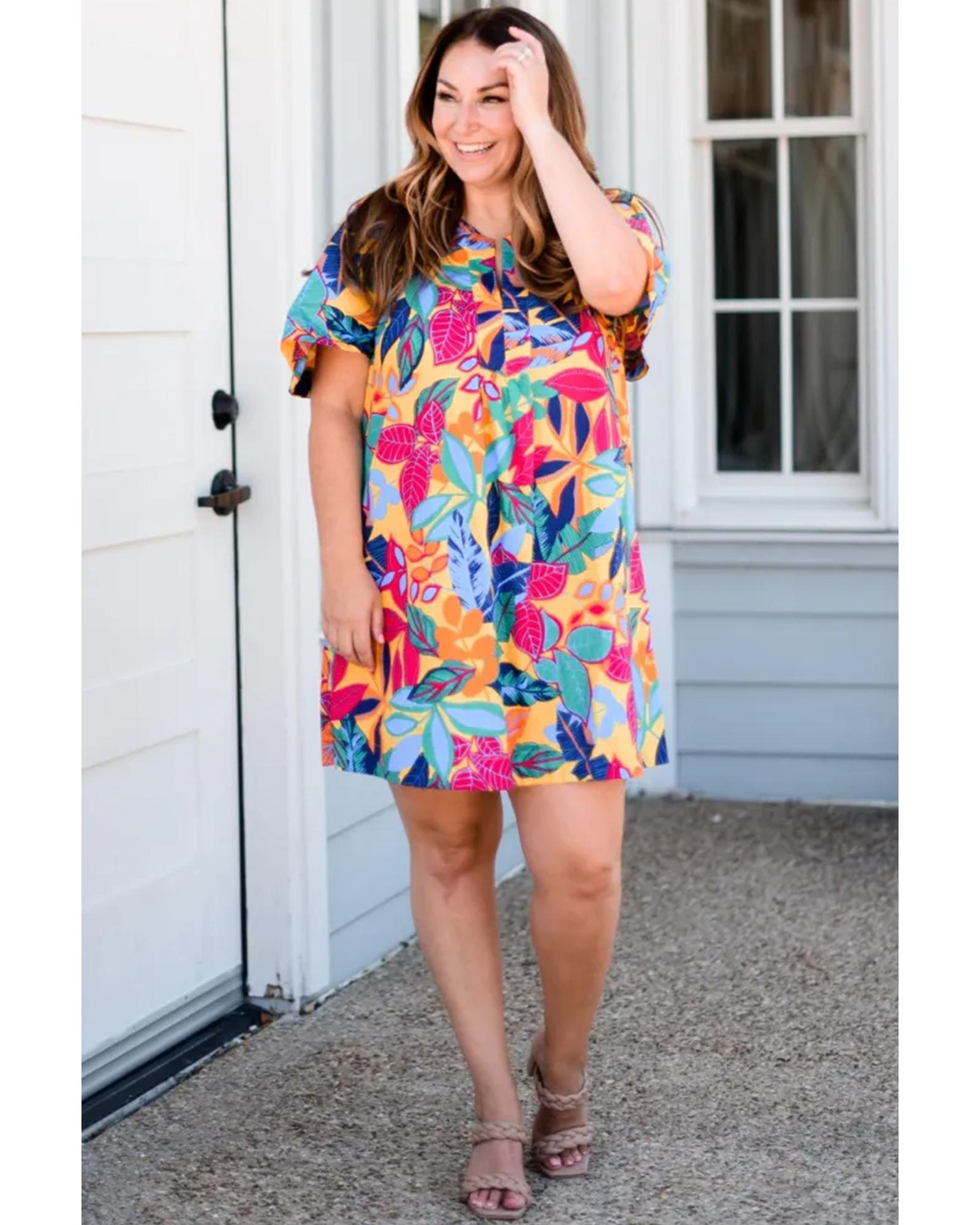 Multicolour Plus Size Leafy Print Split Neck Short Sleeve Shift Dress - 4X