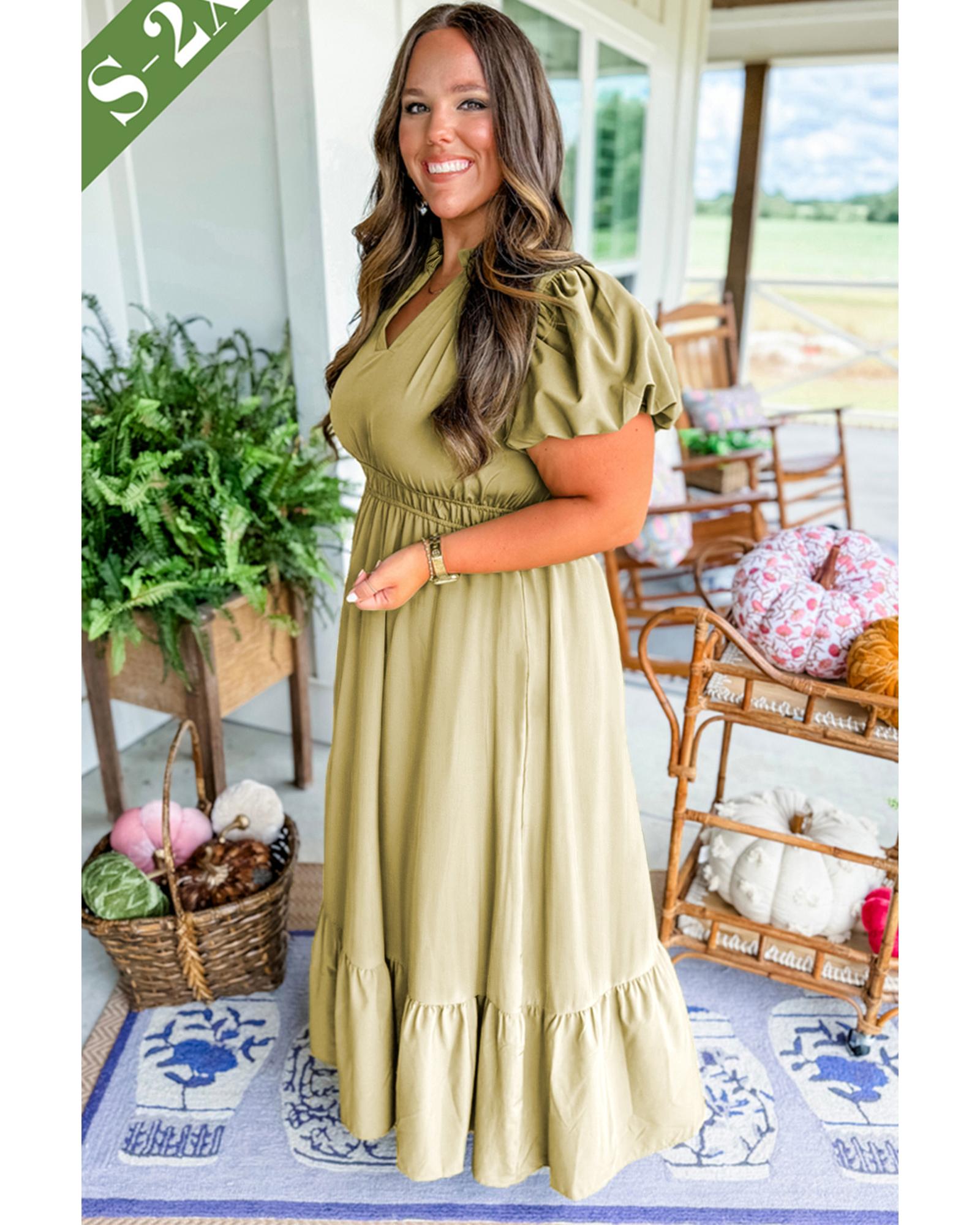 Laurel Green Notched V Neck Puff Sleeve Tiered Plus Size Maxi Dress - 1X